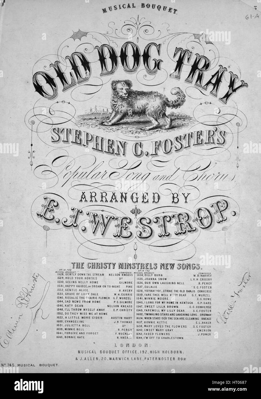 Titelbild der Noten des Liedes "Alten Hund Tray", mit ursprünglichen Autorschaft Noten reading "Stephen C Fosters populären Lied und Chor arrangiert von EJ Westrop", Vereinigtes Königreich, 1900. Der Verlag als "Musikalische Bouquet Büro, 192 High Holborn" aufgeführt ist, die Form der Komposition ist "strophische mit Chor", die Instrumentierung ist "Klavier und Gesang (Solo und Satb Chor)", die erste Linie liest "am Morgen des Lebens ist vorbei, und ev'ning kommt endlich" und der Abbildung Künstler als 'None' aufgeführt ist. Stockfoto