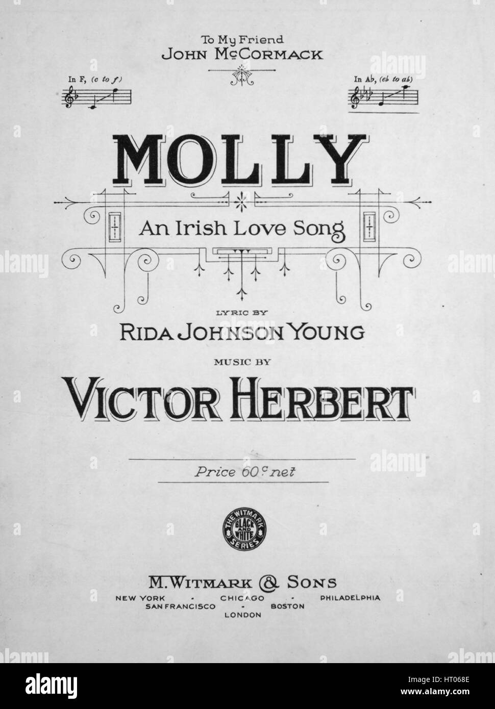 Noten-Cover-Bild des Liedes "Molly An Irish Love Song", mit ursprünglichen Autorschaft merkt Lesung "Lyric von Rida Johnson Young Music von Victor Herbert", Vereinigte Staaten, 1919. Der Verlag als "M. Witmark und Söhne" aufgeführt ist, die Form der Komposition ist "durchkomponiert", die Instrumentierung ist "Klavier und Stimme", die erste Linie liest "Oh, Molly, die Liebe, der Frühling ist da, und Vögel ihre Kameraden fordern" und der Abbildung Künstler als 'None' aufgeführt ist. Stockfoto