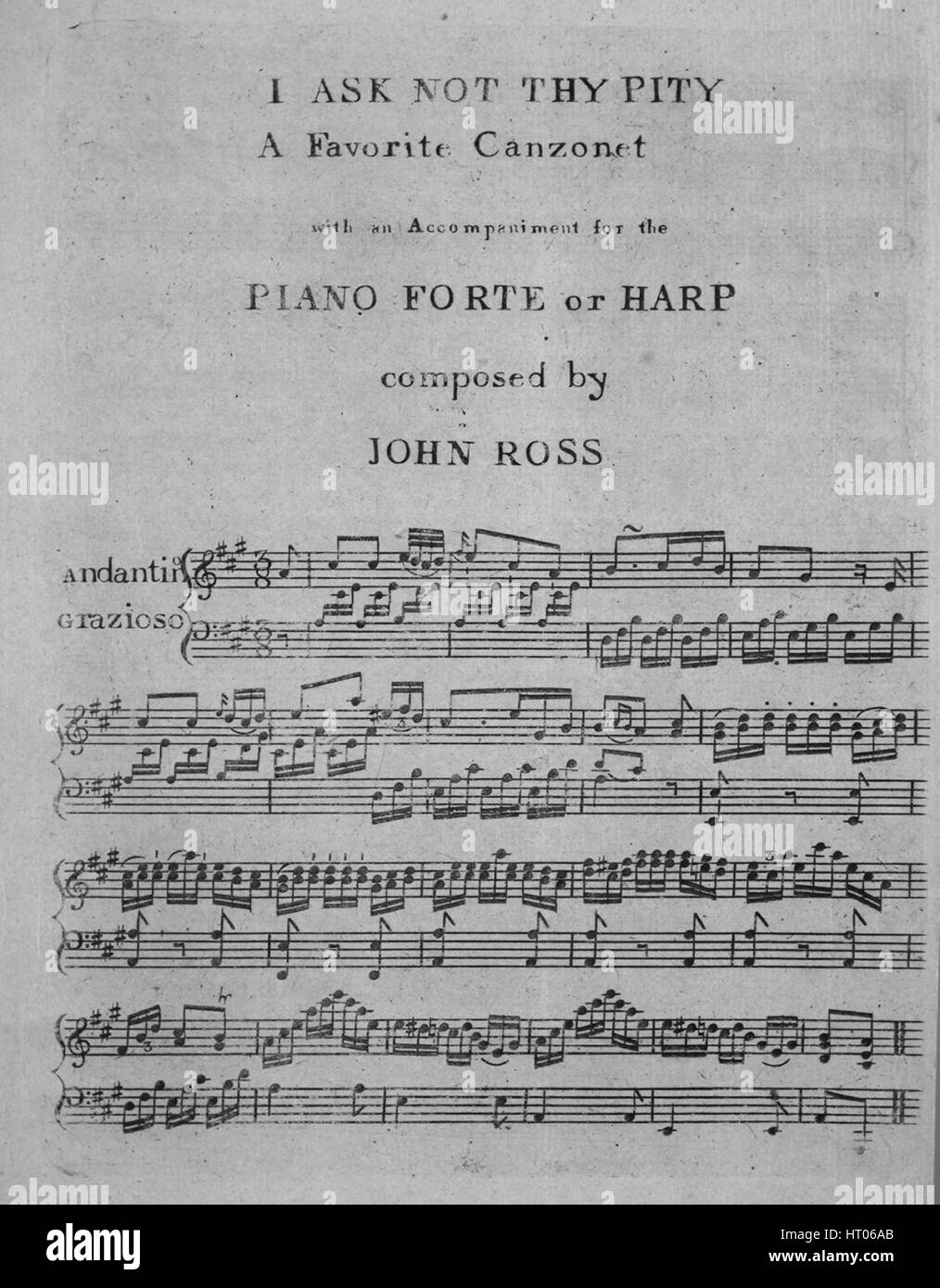 Titelbild der Noten des Liedes "ich bitten nicht Thy Mitleid A Lieblings Canzonet mit Begleitung für das Piano Forte oder Harfe", mit ursprünglichen Autorschaft Noten lesen "Komponiert von John Ross", USA, 1900. Der Verlag als "I. und M. Paff, No.127 Broadway" aufgeführt ist, die Form der Komposition ist "strophischen", die Instrumentierung ist "Klavier und Stimme", liest die erste Zeile "Ich bitte nicht dein Mitleid; Ich verachten zu beschweren, mein Herz kann seine Angst Ith Standhaftigkeit Bär ", und der Abbildung Künstler wird als 'None' aufgeführt. Stockfoto