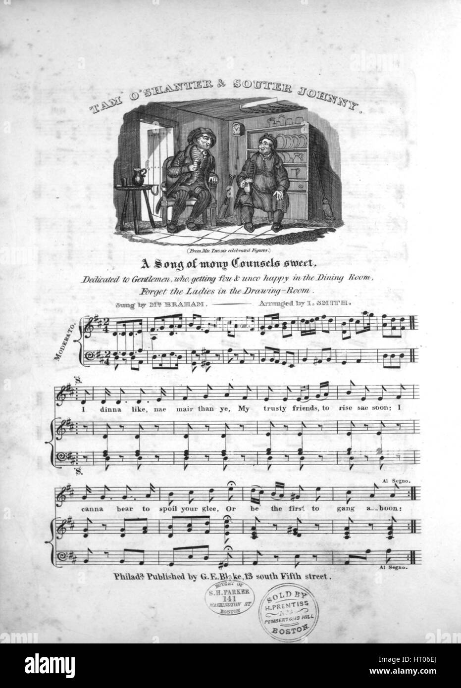 Noten-Cover-Bild des Liedes "Tam o' shanter und Souter Johnny A Song von Mony Räte Sweet", mit ursprünglichen Autorschaft Noten lesen "Arrangiert von I Smith", USA, 1900. Der Verlag als "G.e. Blake, 13 South Fifth Street" aufgeführt ist, die Form der Komposition ist "strophische mit Chor", die Instrumentierung ist "Klavier und Stimme", liest die erste Zeile "Ich twitched wie Nae Mair als ihr, meine treuen Freunde, Sae bald steigen", und der Abbildung Künstler ist aufgeführt, wie "Von Herrn Thom Zahlen gefeiert.". Stockfoto