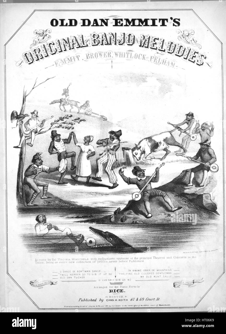 Titelbild der Noten des Liedes ' De Schiffer Tanz ein Banjo Originalmelodie, durch alte Dan D Emmit; Führer der Virginia Minstrels, mit ursprünglichen Autorschaft Noten lesen "Arrangiert für Piano-Forte von Rice", USA, 1843. Der Verlag wird als aufgeführt "Chas. H. Keith, 67 und 69 Court St.", die Form der Komposition ist "strophische mit Chor", die Instrumentierung ist "Klavier und Stimme", die erste Zeile lautet "hohe Reihe, de Schiffer Zeile Flotin unten de Fluss de Ohio" und der Abbildung Künstler ist aufgeführt als "auf Stein von W. Sharp aus einer Skizze von Johnson; Bouve und scharfe Lithrs. Boston ". Stockfoto