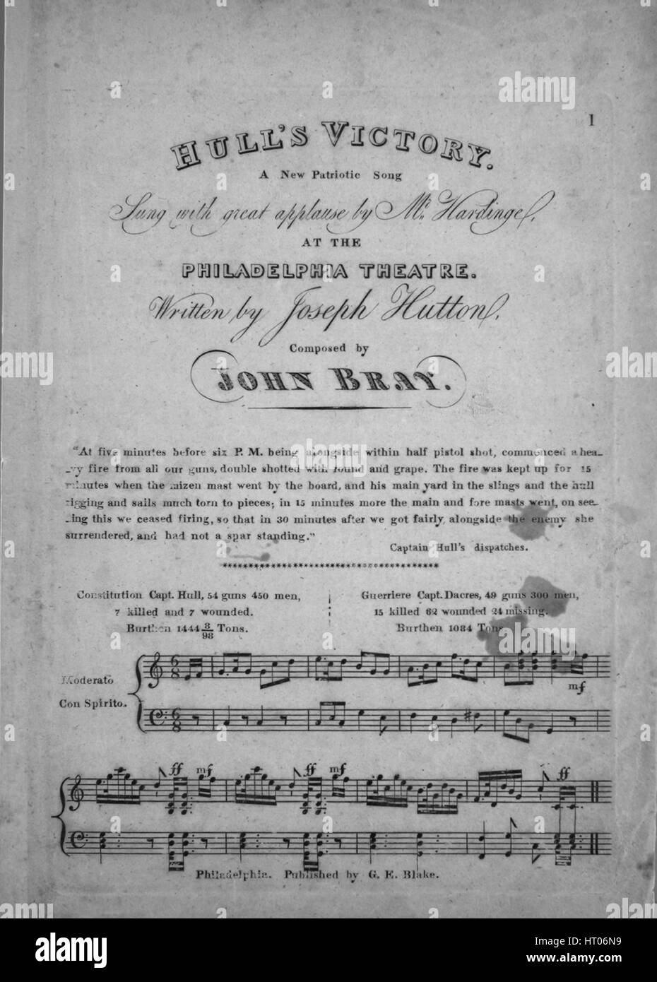 Titelbild der Noten des Liedes "Hull Sieg ein neues patriotische Lied", mit ursprünglichen Autorschaft Noten lesen "Komponiert von John Bray", USA, 1900. Der Verlag als "G.e. Blake" aufgeführt ist, die Form der Komposition ist "strophischen", die Instrumentierung ist "Klavier und Stimme", die erste Linie liest "Über der Dreizack des Neptun Britannia hatte rühmte, ihre Fahne lange triumphierend flog", und der Abbildung Künstler wird als 'None' aufgeführt. Stockfoto