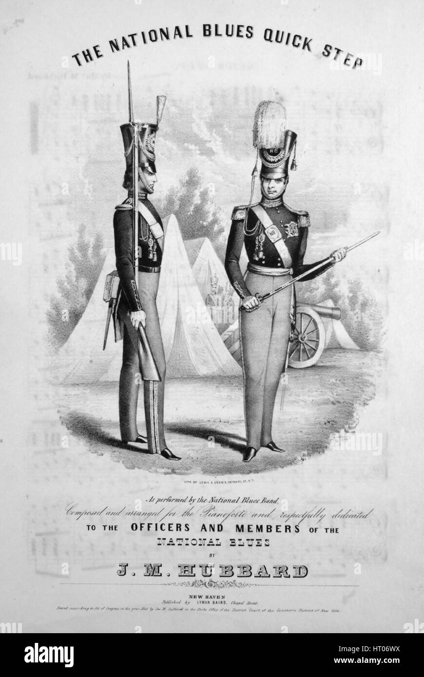 Titelbild der Noten des Liedes "The National Blues Quick Step", mit ursprünglichen Autorschaft Notizen lesen "komponiert und arrangiert für Piano-Forte von JM Hubbard', 1845. Der Verlag als "Lyman Baird, Chapel Street" aufgeführt ist, die Form der Komposition ist "Schnitt", die Instrumentierung ist "Klavier", liest die erste Zeile "None" und der Abbildung Künstler als "Lith Lewis und Brown, 272 Pearl St. N.Y" aufgeführt ist. Stockfoto