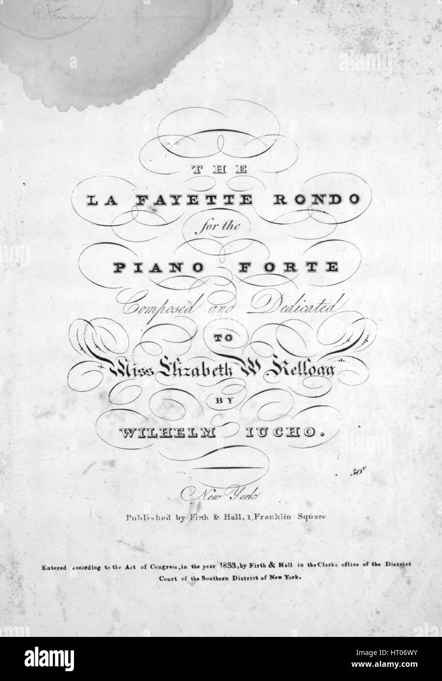 Titelbild der Noten des Liedes "The Lafayette Dirge", mit ursprünglichen Autorschaft Noten reading "Komponiert und arrangiert von Anthony Reiff", USA, 1900. Der Verlag als "Thos. Birke" aufgeführt ist, ist die Form der Komposition "Schnitt (fehlende Seiten?)", die Instrumentierung ist "Klavier", liest die erste Zeile "None" und der Abbildung Künstler als 'None' aufgeführt ist. Stockfoto