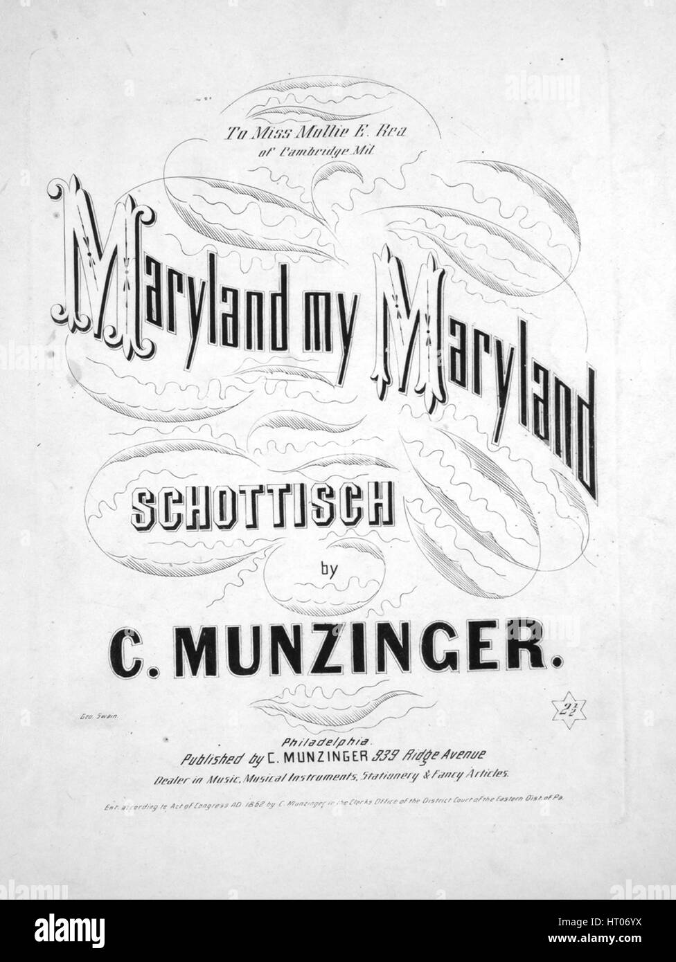 Noten-Cover-Bild des Liedes "Maryland My Maryland Schottisch", mit ursprünglichen Autorschaft Noten lesen "Durch C Munzinger", USA, 1862. Der Verlag als "C. Munzinger, 939 Ridge AVenue" aufgeführt ist, die Form der Komposition ist "da capo", die Instrumentierung ist "Klavier", liest die erste Zeile "None" und der Abbildung Künstler wird als aufgeführt "Geo. Swain; Swain Herrn ". Stockfoto