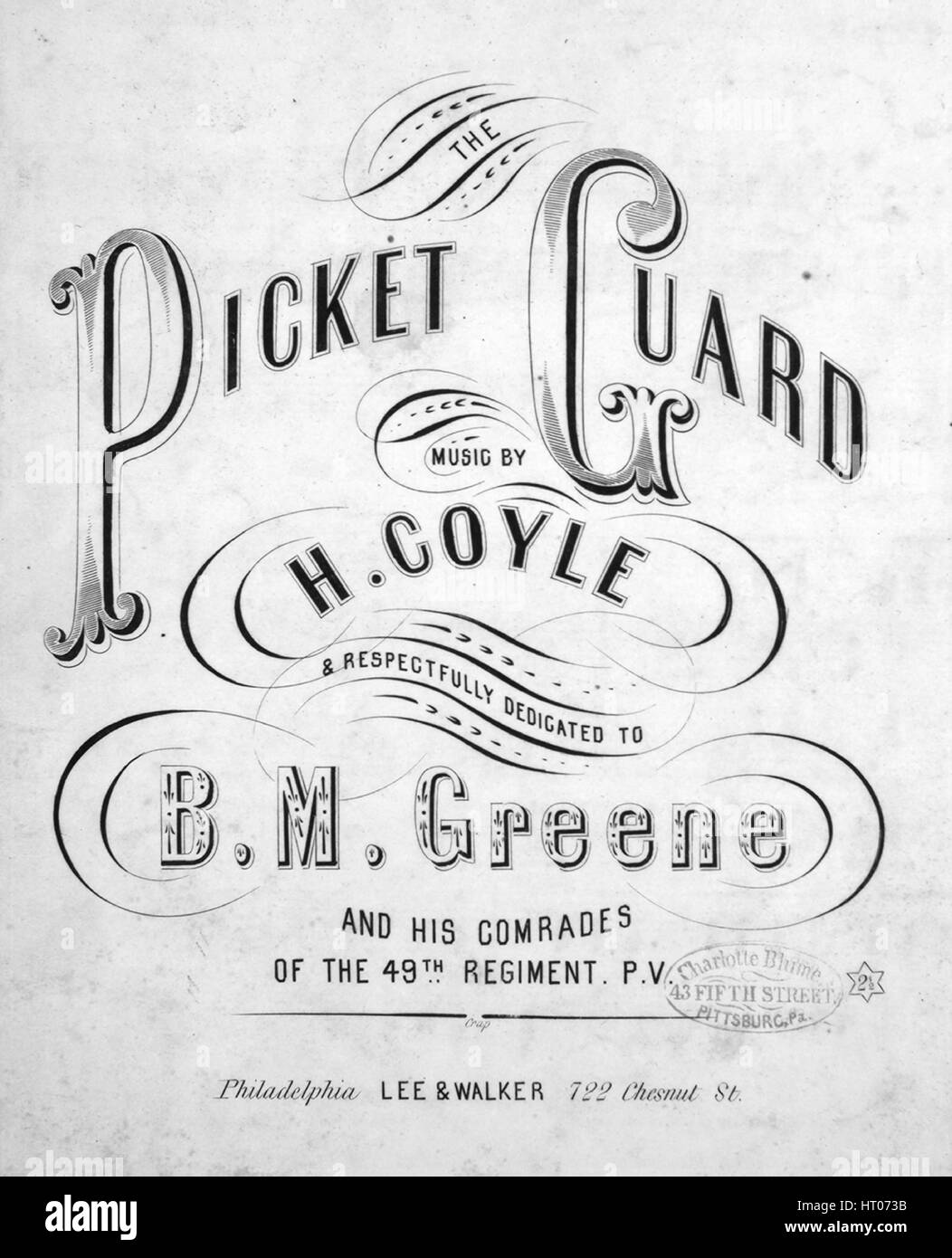 Titelbild der Noten des Liedes "Picket-Guard-Lied", mit ursprünglichen Autorschaft Noten lesen 'Musik von H Coyles', USA, 1862. Der Verlag als "Lee und Walker, 722 Chestnut Street" aufgeführt ist, die Form der Komposition ist "strophische mit Chor", die Instrumentierung ist "Klavier und Stimme", die erste Zeile lautet "alles ruhig entlang des Potomac sie hie und da sagen, außer eine verirrte Streikposten" und der Abbildung Künstler als 'None' aufgeführt ist. Stockfoto