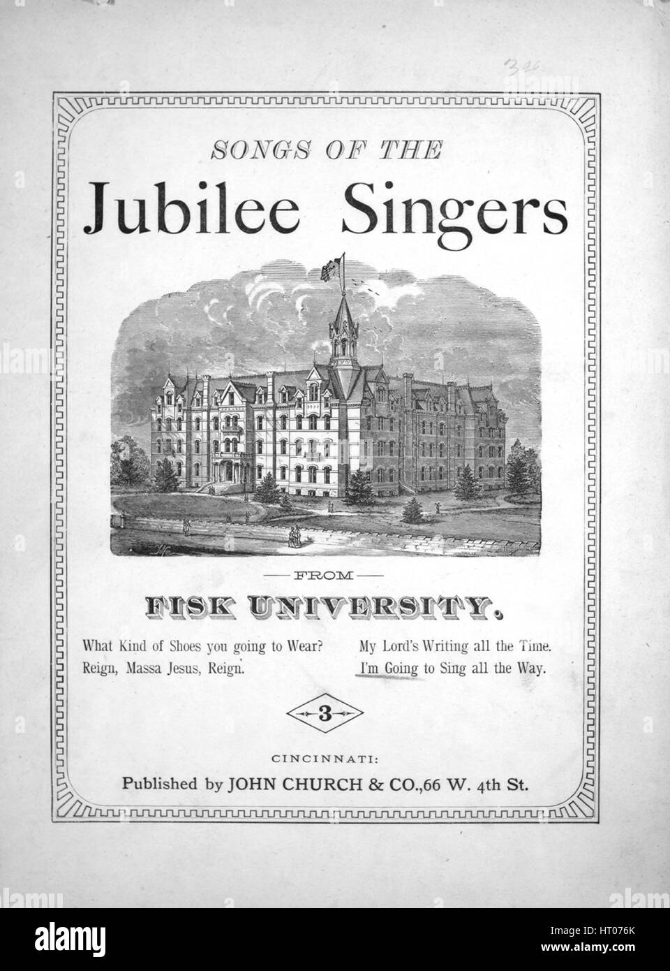 Noten-Cover-Bild des Liedes "Songs von Jubilee Singers von Fisk Universität, I Sing ganz gonna 'm", mit ursprünglichen Autorschaft Noten lesen "Transcribed von Miss Ella Shepard", USA, 1880. Der Verlag als "John Kirche und Co., 66 W. 4. St." aufgeführt ist, die Form der Komposition ist "strophische mit Chor", die Instrumentierung ist "Klavier und Stimme", die erste Zeile lautet "Wir werden die christlichen Banner, das Motto neue und alte erhöhen" und der Abbildung Künstler als 'None' aufgeführt ist. Stockfoto