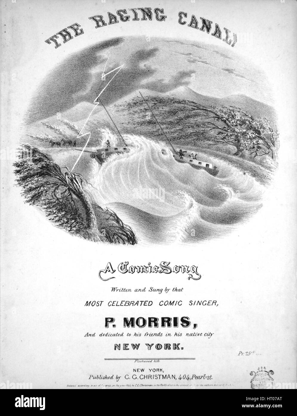 Titelbild der Noten des Liedes "The Raging Canal! Ein Comic-Lied ", mit ursprünglichen Autorschaft Noten lesen"Geschrieben von P-Morris", USA, 1844. Der Verlag als "C.G Christman, 404 Pearl St." aufgeführt ist, die Form der Komposition ist "strophischen", die Instrumentierung ist "Klavier und Stimme", die erste Linie liest "Komm höre meine Geschichte Ihr Landratten alle" und der Abbildung Künstler als "Fleetwood Lith" aufgeführt ist. Stockfoto