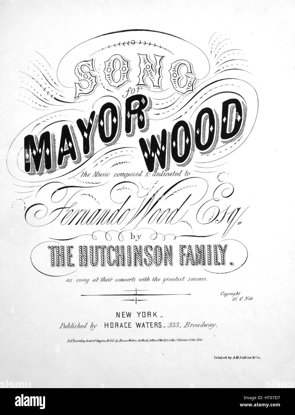 Noten-Cover-Bild des Liedes "Lied für Bürgermeister Holz", mit ursprünglichen Autorschaft Noten lesen "Musik komponiert von Hutchinson Familie Worte von Dean", USA, 1855. Der Verlag als "Horace Waters, 333 Broadway" aufgeführt ist, die Form der Komposition ist "strophische mit Chor", die Instrumentierung ist "Klavier und Stimme", die erste Linie liest "Der Bürgermeister sitzt auf seinem Stuhl des Staates, während eine eifrige Schar über ihn warten" und der Abbildung Künstler aufgeführt als "gedruckt von j.h. Colton und Co.; G.Kirk, Kupferstecher ". Stockfoto