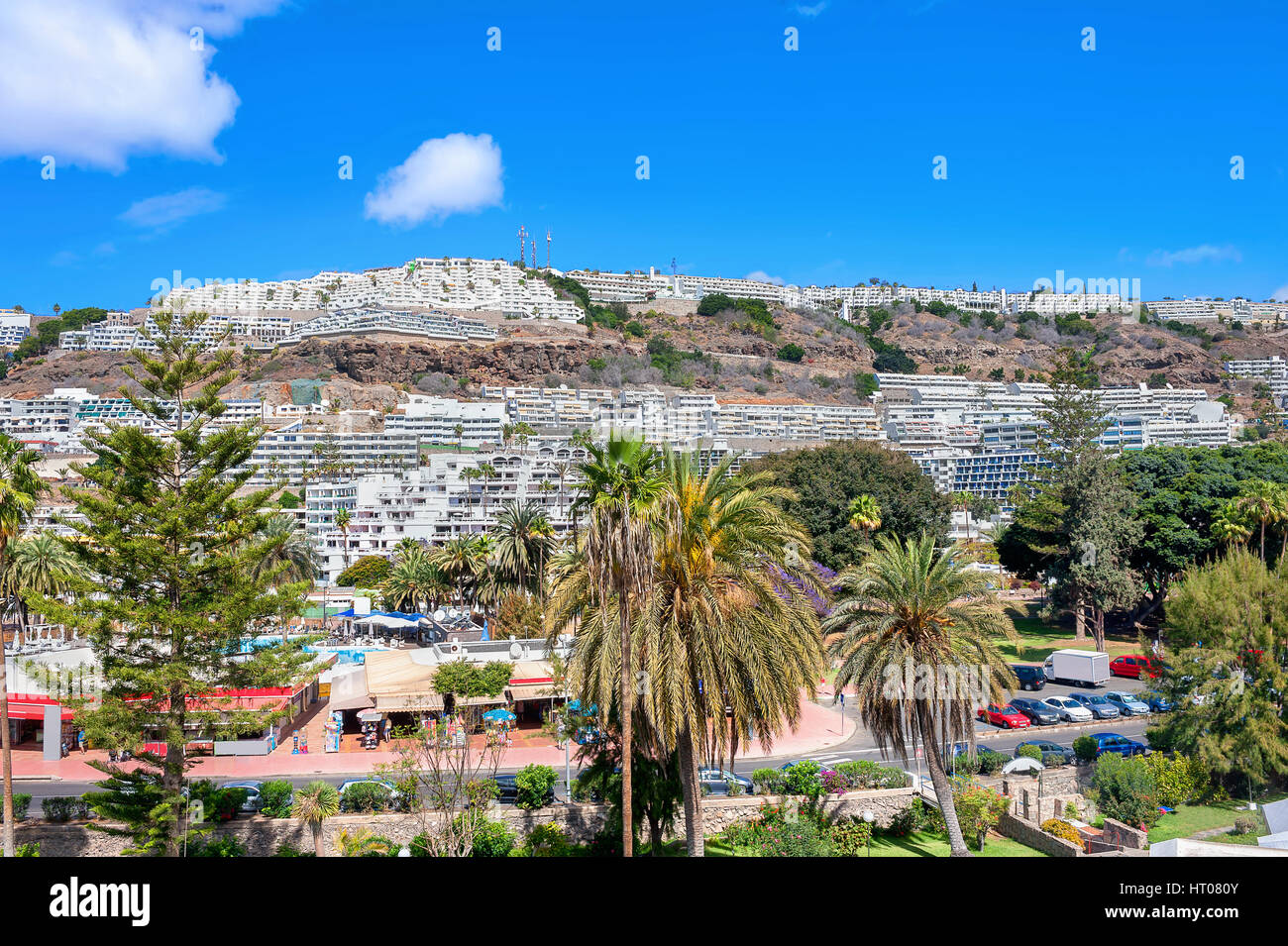 Blick auf den Ferienort Puerto Rico. Kanarische Inseln, Gran Canaria, Spanien Stockfoto
