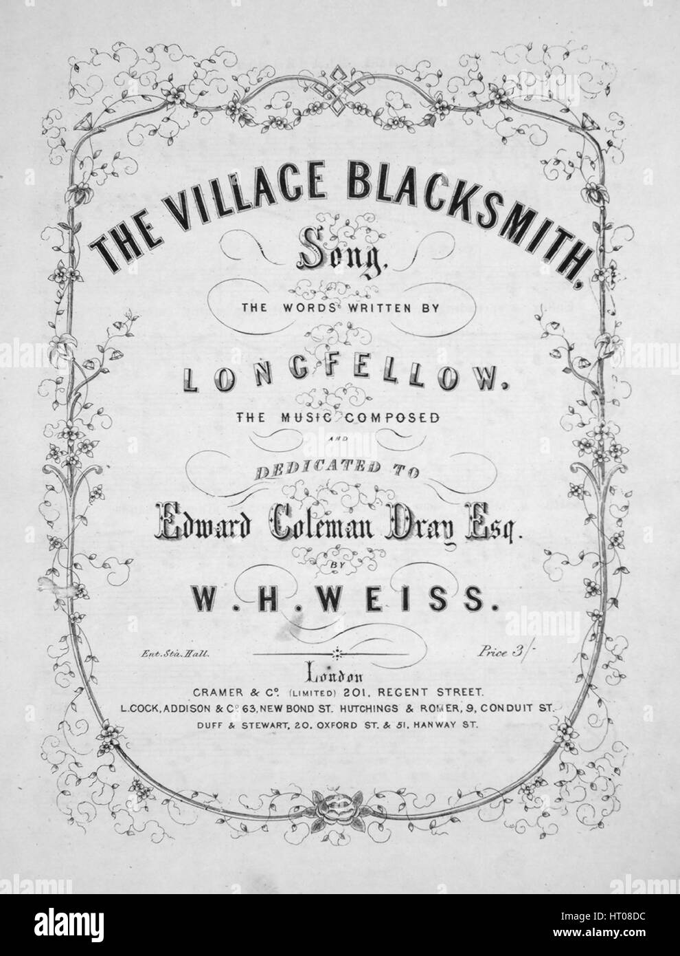 Titelbild der Noten des Liedes "The Dorf Schmied Lied", mit ursprünglichen Autorschaft Noten lesen "Geschrieben von [Henry Wadsworth] Longfellow Musik von WH Weiss", Vereinigtes Königreich, 1900. Der Verlag als "Cramer &amp; Co. (Limited), 201 Regent Street" aufgeführt ist, die Form der Komposition ist "Schnitt", die Instrumentierung ist "Klavier und Stimme", die erste Linie liest "unter einer ausladenden Kastanie, die Dorf-Schmiede steht" und der Abbildung Künstler als 'None' aufgeführt ist. Stockfoto