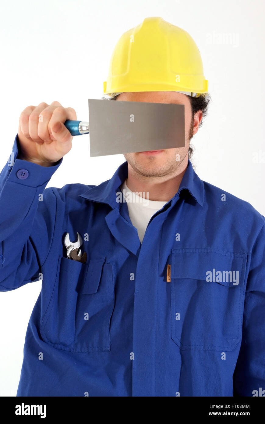 Bauarbeiter Mit Blaumann, Bauhelm Und Werkzeug - Bauarbeiter mit Werkzeugen Stockfoto