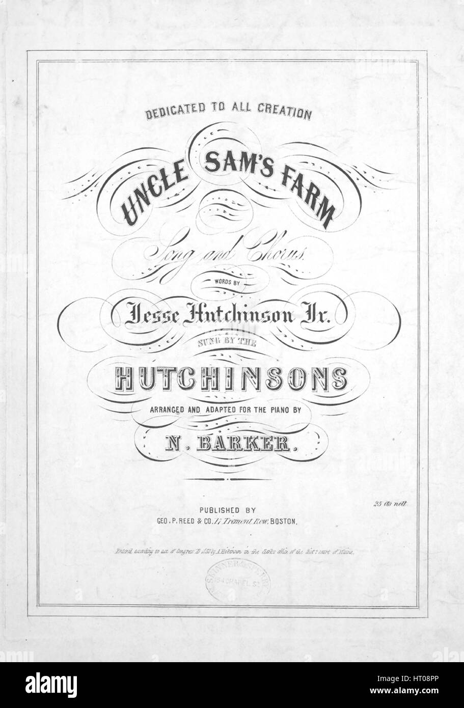 Titelbild der Noten des Liedes "Uncle Sams Farm Lied und Chor", mit ursprünglichen Autorschaft Noten lesen "Worte von Jesse Hutchinson Jr; Angeordnet und angepasst für Klavier von N Barker ", USA, 1850. Der Verlag als "Geo. P. Reed und Co., 17 Tremont Zeile" aufgeführt ist, die Form der Komposition ist "strophische mit Chor", die Instrumentierung ist "Klavier und Stimme", die erste Linie liest "der alle mächtigen Nationen im Osten oder im Westen, O diese glorreiche Yankee-Nation" und der Abbildung Künstler als 'None' aufgeführt ist. Stockfoto