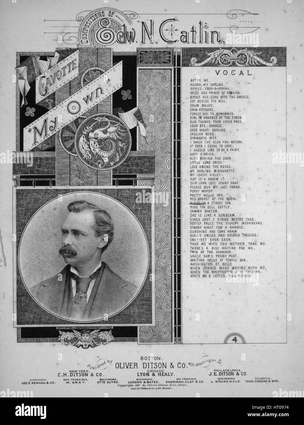 Noten-Cover-Bild des Liedes "Kompositionen der Edw N Catlin Reiten auf einem Straße Auto", mit ursprünglichen Autorschaft Noten lesen "Melodie von JH Ross Worte von JB Murphy nach Edward N Catlin geordnet", USA, 1870. Der Verlag als "Oliver Ditson and Co., 451 Washington St." aufgeführt ist, die Form der Komposition ist "strophische mit Chor (und Tanzeinlage)", die Instrumentierung ist "Klavier und Stimme", liest die erste Zeile "Reiten in einem Straße Auto, neulich, lesen in der Herold die Zeit vergehen", und der Abbildung Künstler als "Geo. H. Walker und Co. Lith Boston" aufgeführt ist. Stockfoto