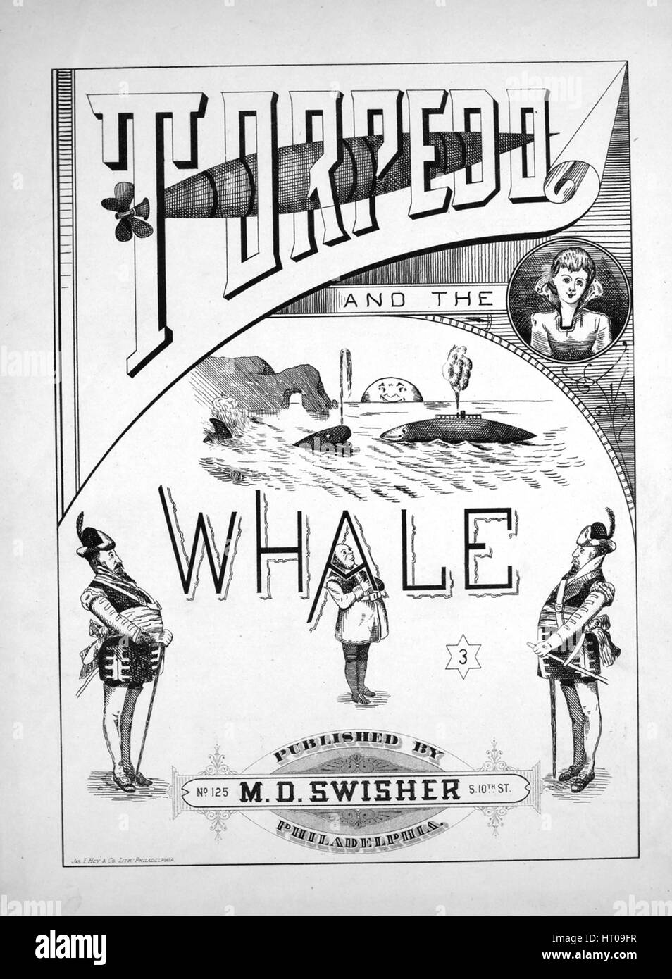 Titelbild der Noten des Liedes "Torpedo and the Whale", mit ursprünglichen Autorschaft Noten lesen '', Vereinigte Staaten, 1900. Der Herausgeber wird als aufgeführt "M.D. Swisher, No. 125 S. 10. St.", die Form der Komposition ist "strophischen", die Instrumentierung ist "Klavier und Stimme", die erste Linie liest "In the North Sea Liv hatte einen Wal, In the North Sea Liv hatte einen Wal, groß in den Knochen und großen Schwanz" und der Abbildung Künstler aufgeführt als "Jas. F. Hey und Co. Lithr. Philadelphia. ". Stockfoto