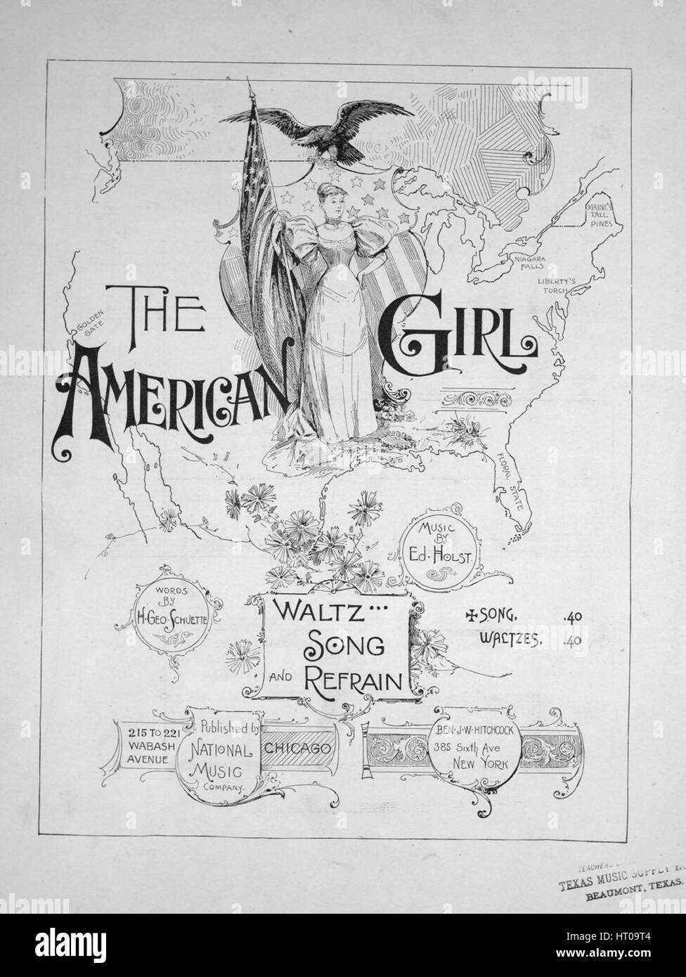 Titelbild der Noten des Liedes "The American Girl Walzer Lied und Refrain", mit ursprünglichen Autorschaft Noten lesen "Worte H Geo Schuette Musik von Ed Holst", USA, 1893. Der Verlag als "National Music Co., 215, 221 Wabash Ave." aufgeführt ist, die Form der Komposition ist "strophische mit Chor", die Instrumentierung ist "Klavier und Stimme", die erste Linie liest "die Dichter singen in ihre Waveflowing Reime" und der Abbildung Künstler als 'None' aufgeführt ist. Stockfoto
