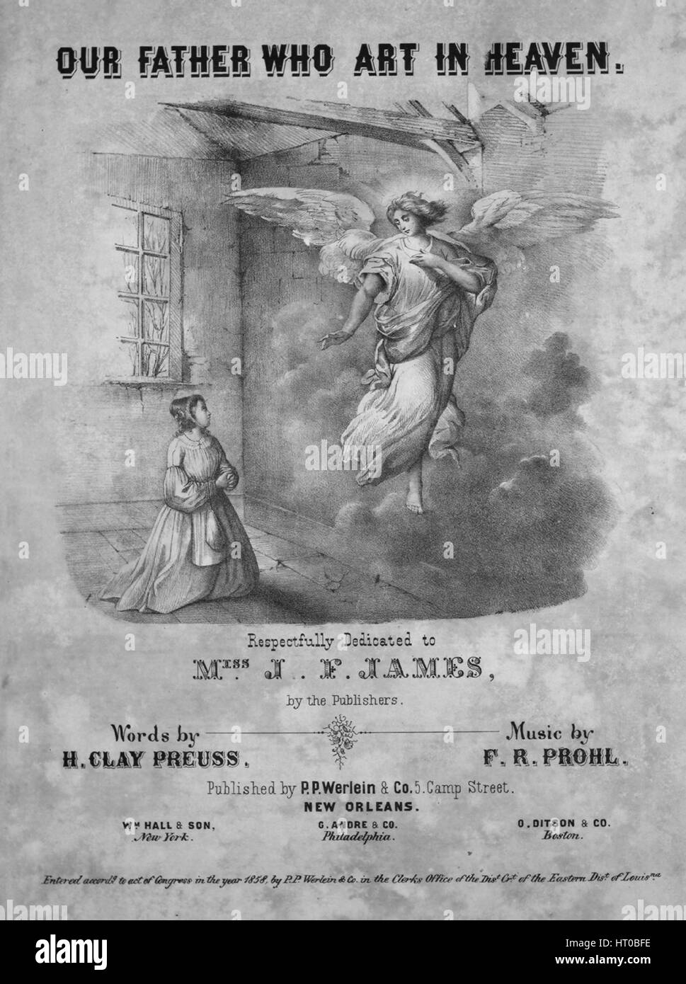 Noten-Cover-Bild des Liedes "Vater unser, der du bist im Himmel", mit ursprünglichen Autorschaft Noten lesen "Worte H Clay Preuss Musik von F R Prohl", 1858. Der Verlag als "P.p. Werlein und Co., 5 Camp Street" aufgeführt ist, die Form der Komposition ist "strophische mit SATB Chor", die Instrumentierung ist "Stimme und Klavier", die erste Linie liest "Gefangen in diesem dunklen Zustand als Exil aus seiner Heimat" und der Abbildung Künstler als "Wehrmann Eng Pr" aufgeführt ist. Stockfoto