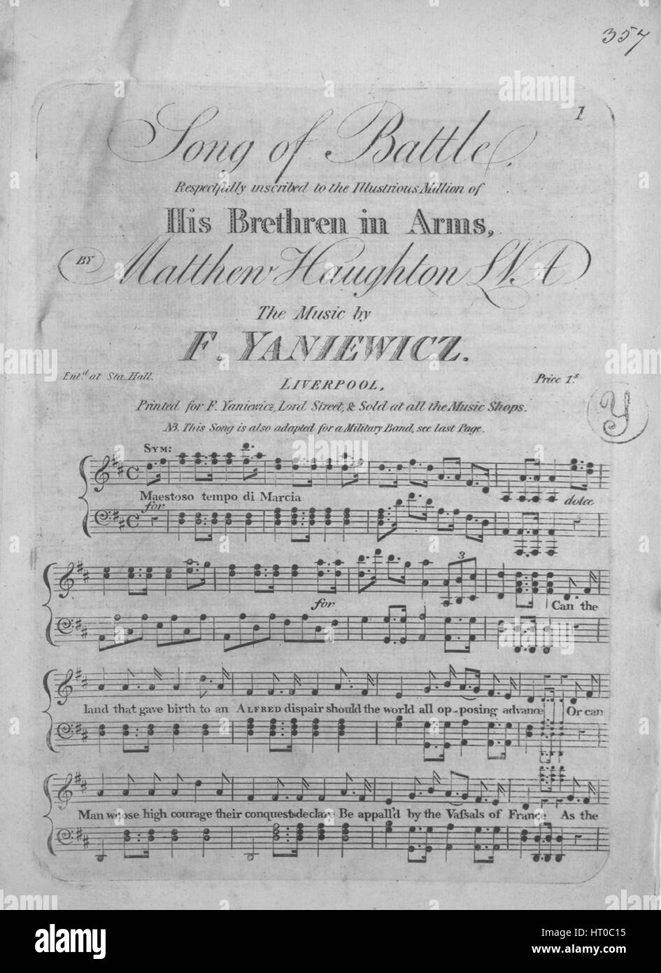 Noten-Cover-Bild des Liedes "Song of Battle" mit ursprünglichen Autorschaft Noten lesen "The Music von F Yaniewicz [Text Matthew Haughton, LNA]", 1900. Der Verlag als "F. Yaniewicz, Lord Street und verkauft in den Musik-Shops" aufgeführt ist, die Form der Komposition ist "strophischen", die Instrumentierung ist "Klavier/Cembalo und Stimme; März Anordnung für Militärkapelle enthalten (Klarinetten in C, Trompeten in C, Hörner in C, Fagotte, Schlange) ", die erste Linie liest"Können Sie das Land, das Geburt t ein Alfred Verzweiflung gab sollte die Welt alle gegnerischen voranbringen", und der Abbildung Künstler als aufgeführt ist Stockfoto