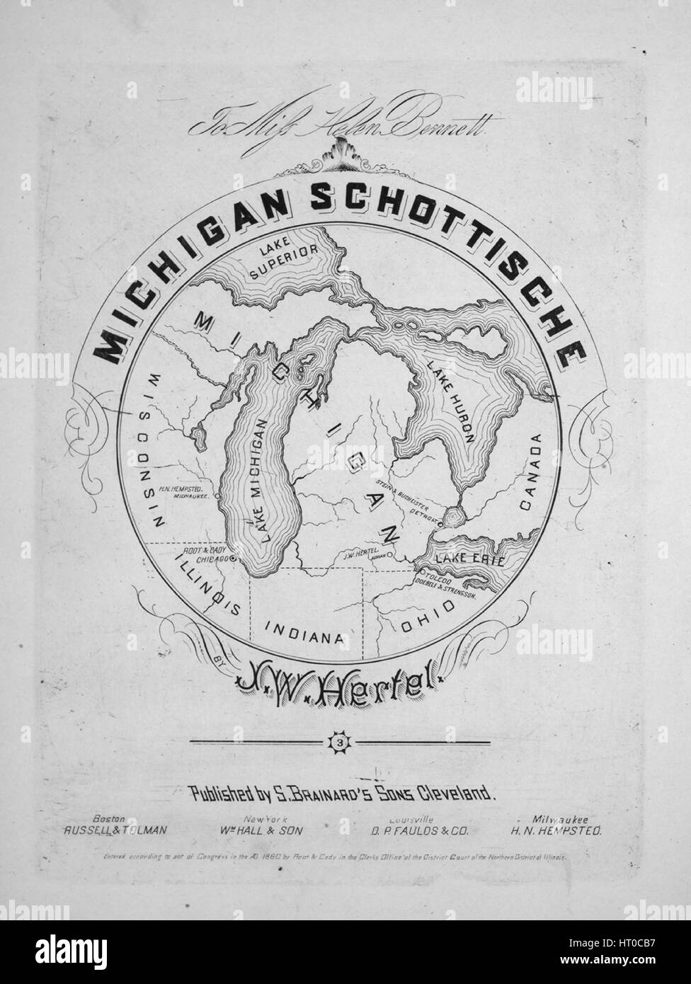 Noten-Cover-Bild des Liedes "Michigan schottisch", mit ursprünglichen Autorschaft Noten lesen "Von JW Hertel", USA, 1860. Der Verlag als "S. Brainard Söhne" aufgeführt ist, ist die Form der Komposition "schottisch; Da-capo ", die Instrumentierung ist"Klavier", liest die erste Zeile"None"und der Abbildung Künstler als 'None' aufgeführt ist. Stockfoto