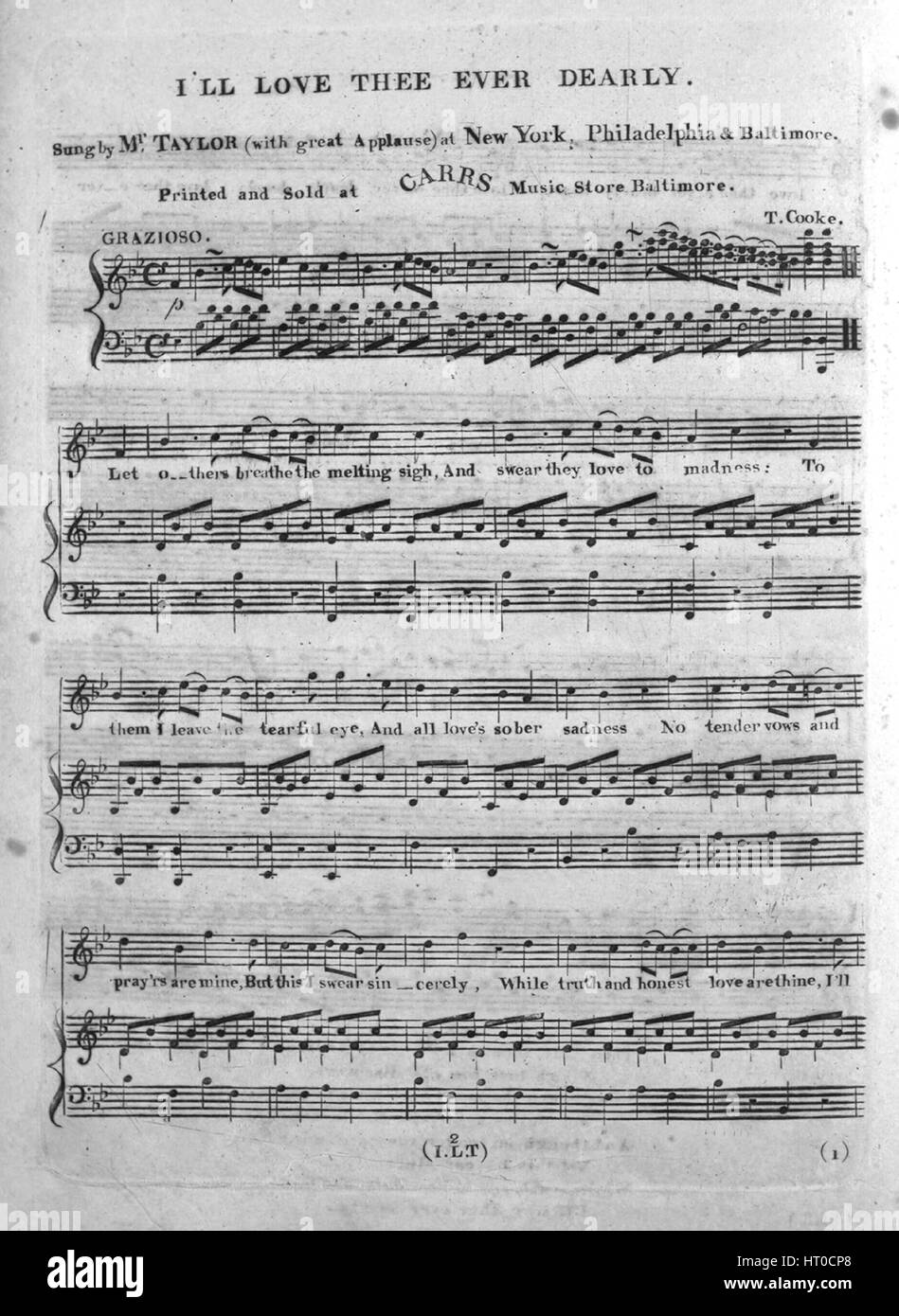 Sheet Music cover Bild des Liedes "I ' ll Love Thee immer lieb", mit ursprünglichen Autorschaft Noten lesen ' t Cooke ", USA, 1900. Der Verlag als "Carrs Music Store" aufgeführt ist, die Form der Komposition ist "strophische mit Chor", die Instrumentierung ist "Klavier und Stimme", die erste Linie liest "Lassen Sie andere die schmelzenden Seufzer, und schwöre deine Liebe zum Wahnsinn" und der Abbildung Künstler ist als 'None' aufgeführt. Stockfoto