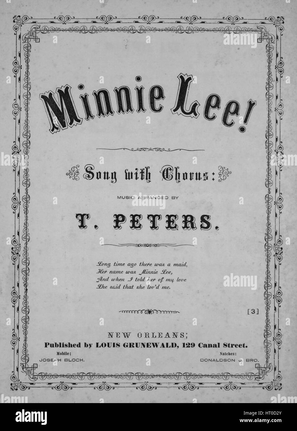 Titelbild der Noten des Liedes "Minnie Lee! Söhne mit Chor, mit ursprünglichen Autorschaft Noten lesen 'Musik arrangiert von T Peters', 1865. Der Verlag als "Louis Grunewald, 129 Canal Street" aufgeführt ist, die Form der Komposition ist "strophische mit Chor", die Instrumentierung ist "Klavier und Stimme", die erste Linie liest "vor langer Zeit gab es ein Mädchen, sie hieß Minnie Lee" und der Abbildung Künstler als "Wehrmann Ing." aufgeführt ist. Stockfoto