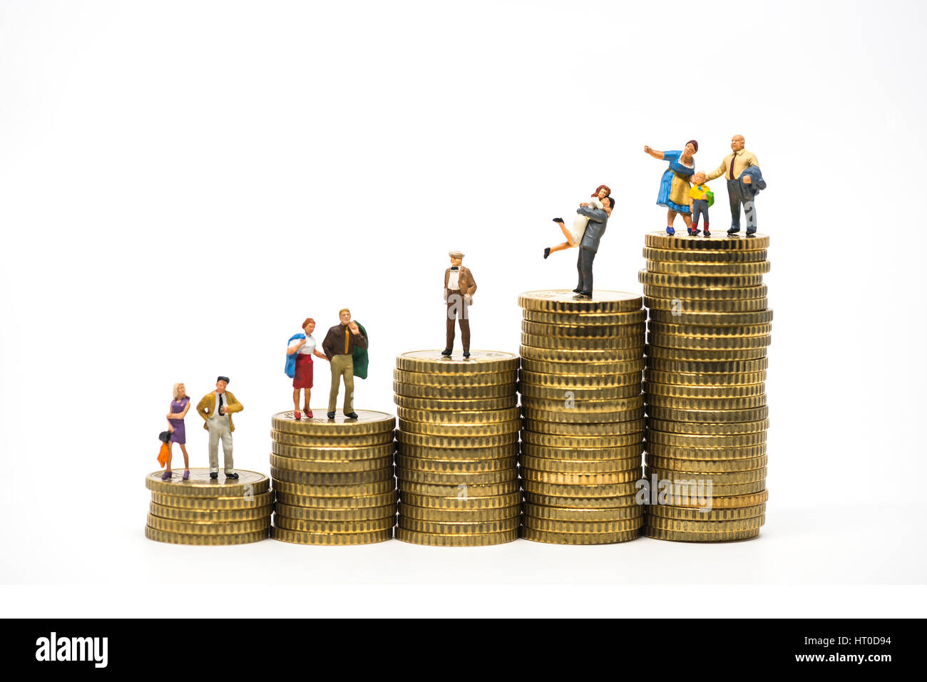 Wett-Budget-Konzept. Miniatur-Familie auf Münzen Haufen. Makro-Foto Stockfoto