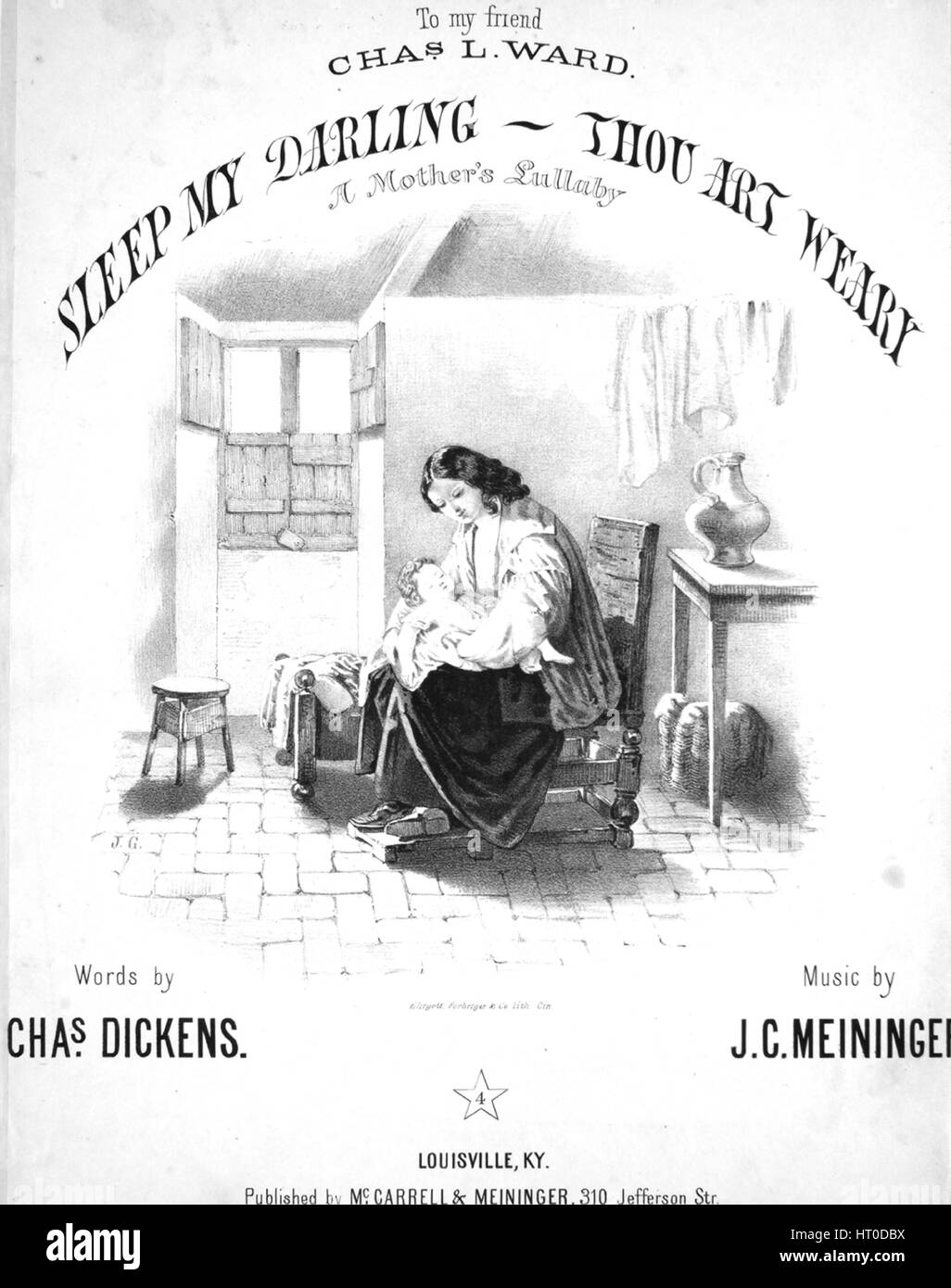 Sheet Music cover Bild des Liedes "Schlafe mein Liebling--du Kunst müde einer Mutter Wiegenlied", mit ursprünglichen Autorschaft Noten lesen "Worte Chas Dickens Musik von JC Meininger", 1865. Der Verlag als "McCarrell und Meininger, 310 Jefferson Str." aufgeführt ist, die Form der Komposition ist "strophische mit Chor", die Instrumentierung ist "Klavier und Stimme", die erste Linie liest "Hush, ich kann nicht ertragen zu sehen dich, deine kleinen Hände vergeblich zu dehnen", und der Abbildung Künstler wird als "Ehrgott, Forbriger und co. Lith Cin.; J.G.[del.]; J. Slinglandt, Engvr. ". Stockfoto