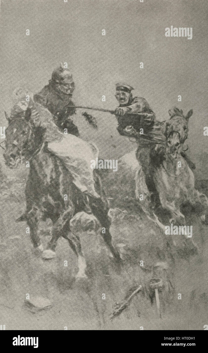 Preußische Soldaten Entführung eine Rot-Kreuz-Krankenschwester während Erster Weltkrieg und überholt durch ein Kosak Stockfoto