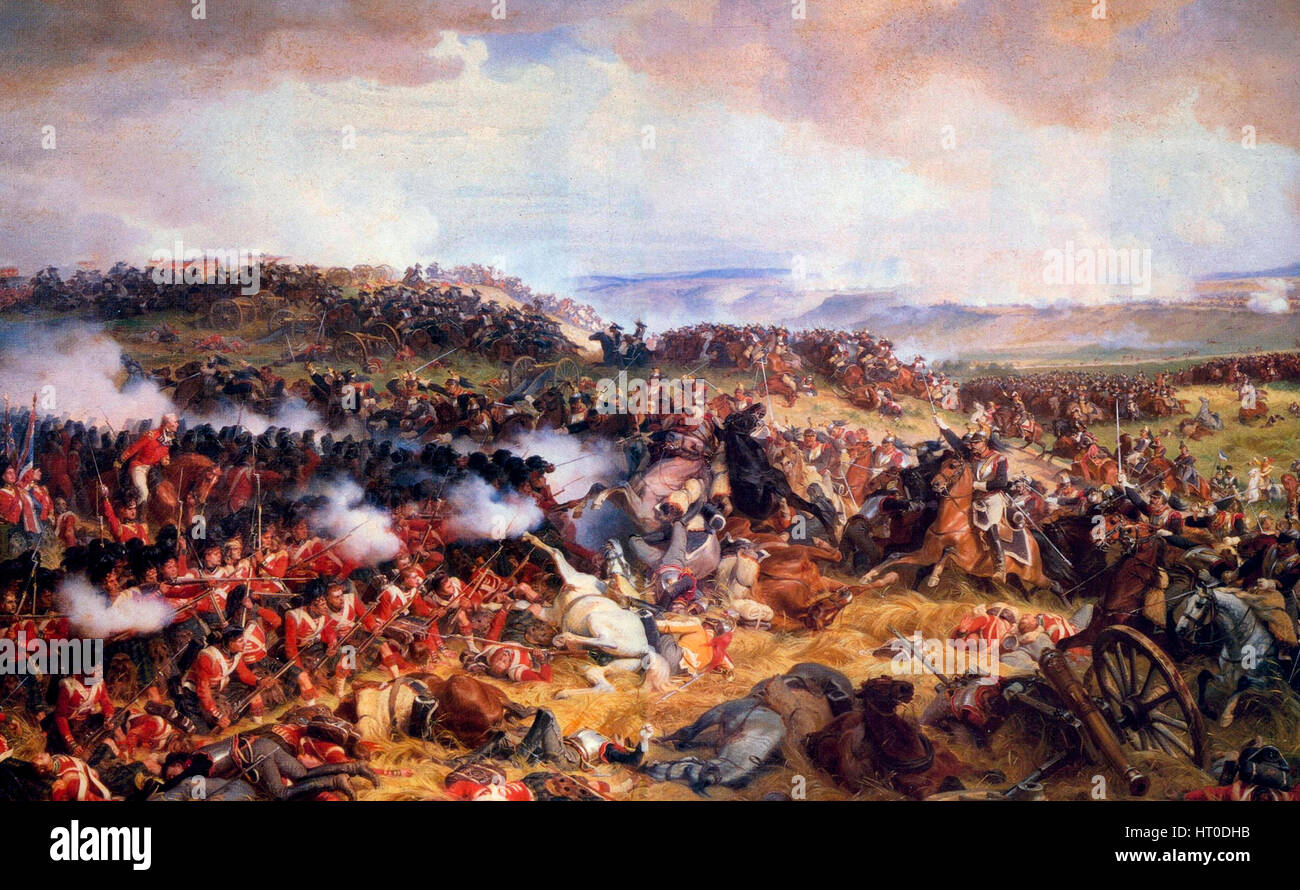 Verantwortung für die französischen Kürassiere bei Waterloo - Henri Félix Emmanuel Philippoteaux, 1874. Darstellung der französischen Kürassiere Aufladen auf die britischen Felder während der Schlacht von Waterloo. Stockfoto