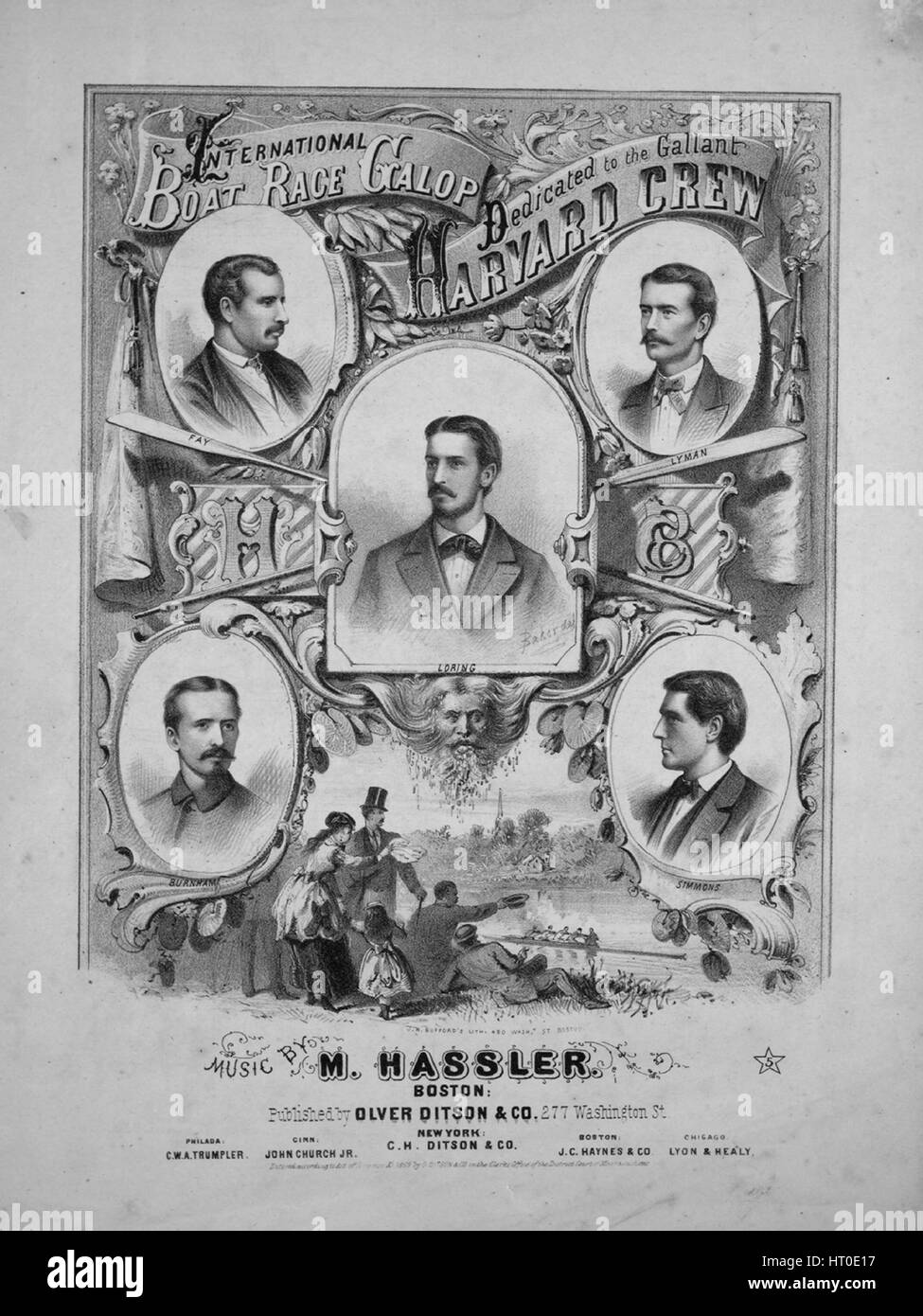 Titelbild der Noten des Liedes "International Boat Race-Galopp", mit ursprünglichen Autorschaft Noten lesen "Musik von Mark Hassler", USA, 1869. Der Verlag als "Olver [sic] Ditson &amp; Co., 277 Washington St." aufgeführt ist, die Form der Komposition ist "Schnitt, mit Trio und Coda", die Instrumentierung ist "Klavier", liest die erste Zeile "None" und der Abbildung Künstler wird als aufgeführt "J.H. Bufford Lith 490 Washn. St. Boston; Baker del. ". Stockfoto