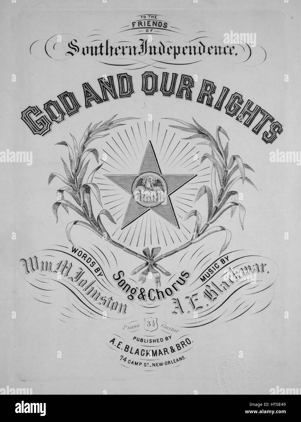 Noten-Cover-Bild des Liedes "Gott und unsere Rechte Lied und Chor", mit ursprünglichen Autorschaft Noten lesen "Worte Wm M Johnston Musik von AE wurde", 1861. Der Verlag als "A.e. wurde und Bro" aufgeführt ist, die Form der Komposition ist "strophische mit Chor", die Instrumentierung ist "Klavier und Stimme", liest die erste Zeile "Gott und unsere Rechte! Aus jeder Glen kommen Reihen der furchtlose Männer marschieren ", und der Abbildung Künstler wird als"Wehrmann Ing."aufgeführt. Stockfoto