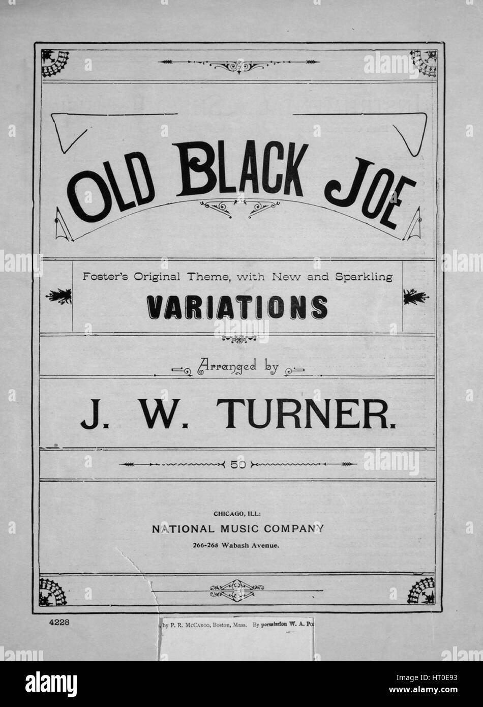 Noten-Cover-Bild des Liedes "Old Black Joe Foster Originalthema, mit neuen  und prickelnden Variationen", mit ursprünglichen Autorschaft Noten lesen  "Arrangiert von JW Turner", 1889. Der Verlag als "National Music Company,  266-268 Wabash Avenue"