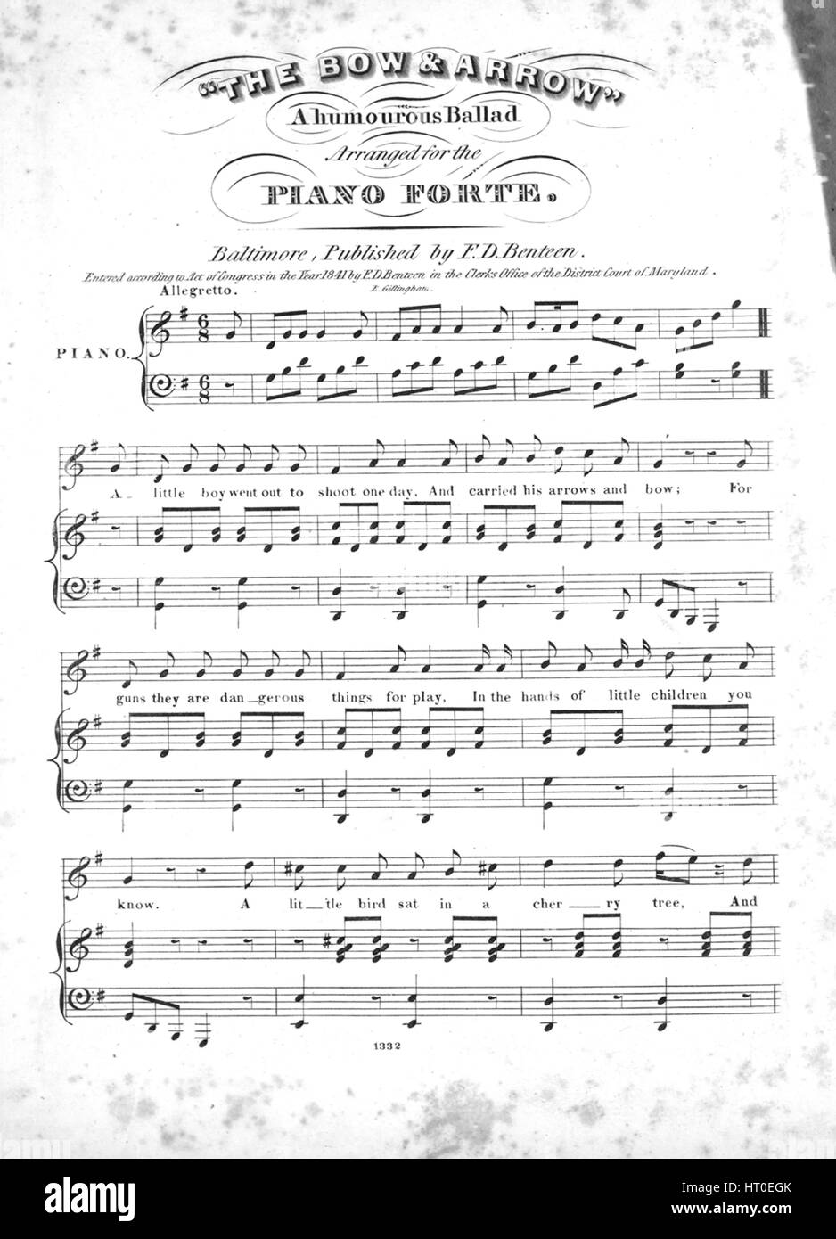 Noten-Cover-Bild des Liedes '' The Pfeil und Bogen "A humoristische Ballade", mit ursprünglichen Autorschaft Noten lesen "Na", USA, 1841. Der Verlag als "F.D Benteen" aufgeführt ist, die Form der Komposition ist "strophische mit Chor", die Instrumentierung ist "Klavier und Stimme", liest die erste Zeile "ein kleiner Junge ging hinaus, um eines Tages zu schießen, und trug seine Pfeile und Bogen", und der Abbildung Künstler wird als "E. Gillingham; Gerngross Webb ". Stockfoto