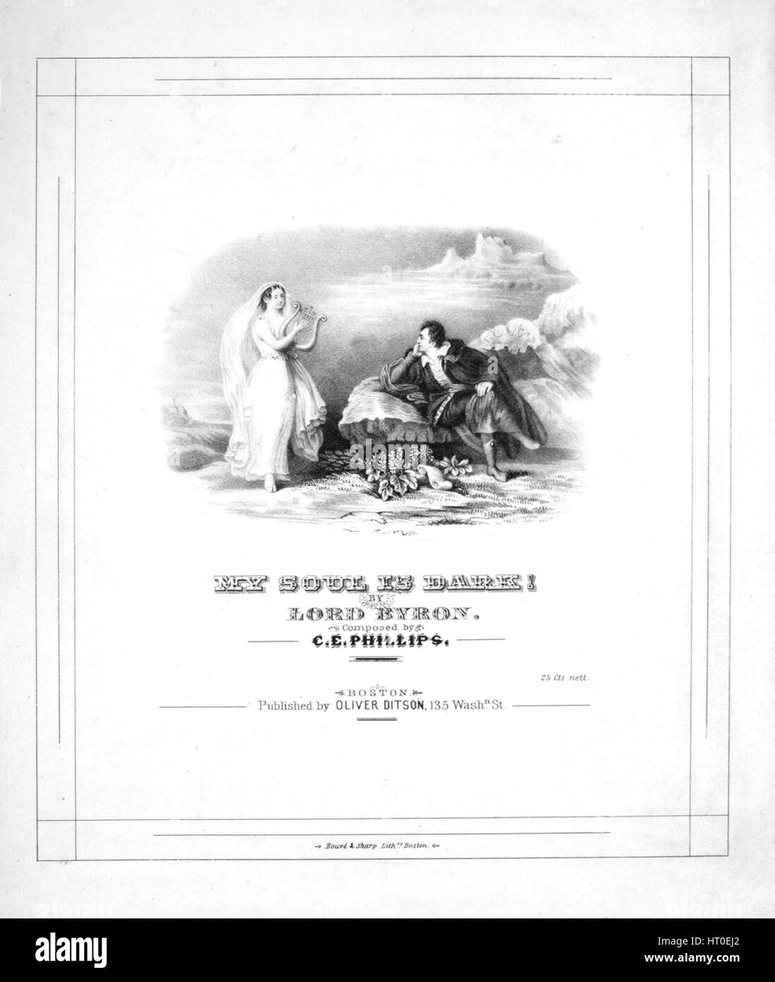 Noten-Cover-Bild von dem Lied "My Soul ist dunkel!", mit ursprünglichen Autorschaft stellt fest, lesen "von Lord Byron komponiert von CE Phillips', USA, 1828. Der Herausgeber ist als aufgeführt "Oliver Ditson, 135 Washn. St.', die Form der Komposition ist "durchkomponiert", die Instrumentierung ist "Klavier und Stimme", die erste Linie liest "meine Seele ist dunkel Oh! schnell eine Zeichenfolge die Harfe, ich noch Bach kann um zu hören ", und der Abbildung Künstler wird als aufgeführt" Bouve und scharfe Lithrs. Boston ". Stockfoto