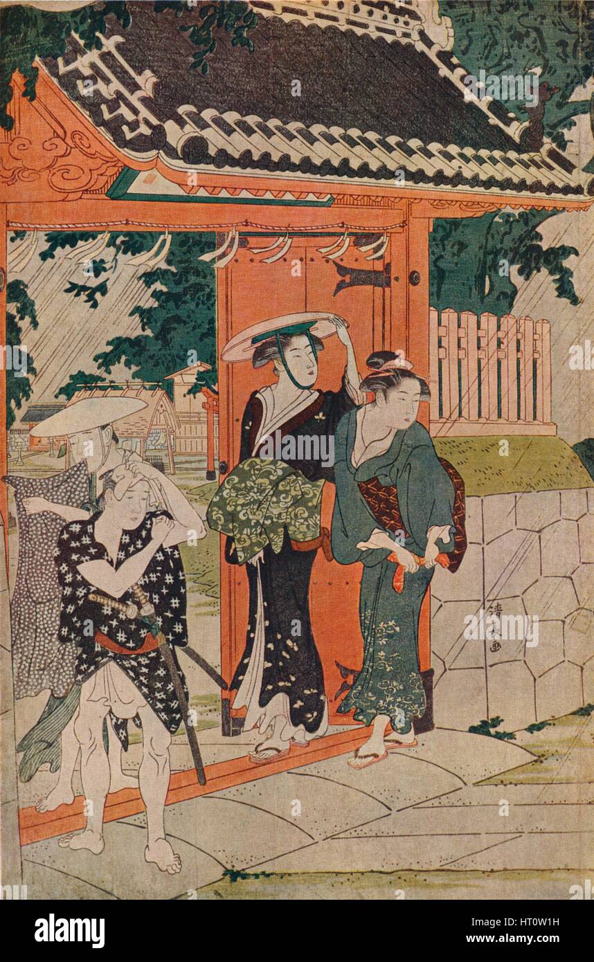 "Eine plötzliche Dusche am Mimeguri Inari Schrein", 1787. Künstler: Torii Kiyonaga. Stockfoto