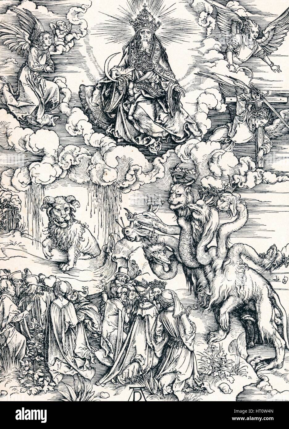 "Das siebenköpfige Tier und das Tier mit Hörnern des Lammes", 1498 (1906).  Künstler: Albrecht Dürer. Stockfoto