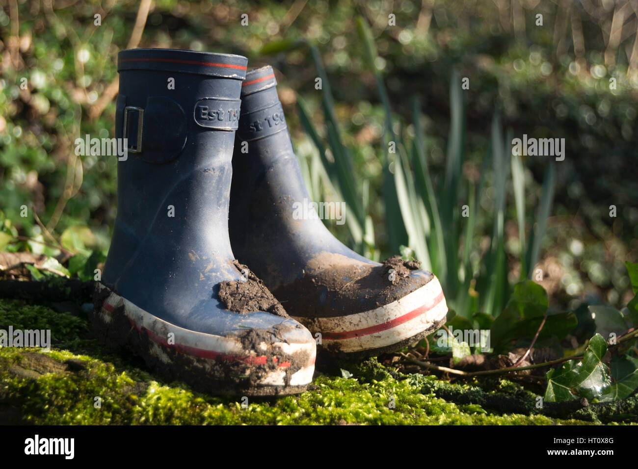 Paar schlammige Gummistiefel, Frühling, England Stockfoto