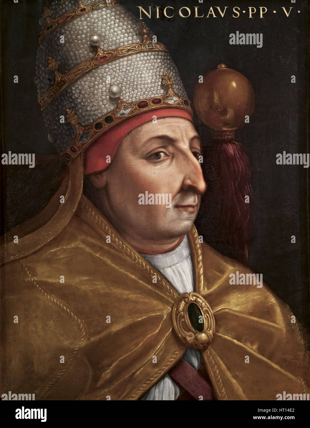 Portrait von Papst Nikolaus v. (Giovio Serie), 1568. Künstler: Dell'Altissimo, Cristofano (1525-1605) Stockfoto