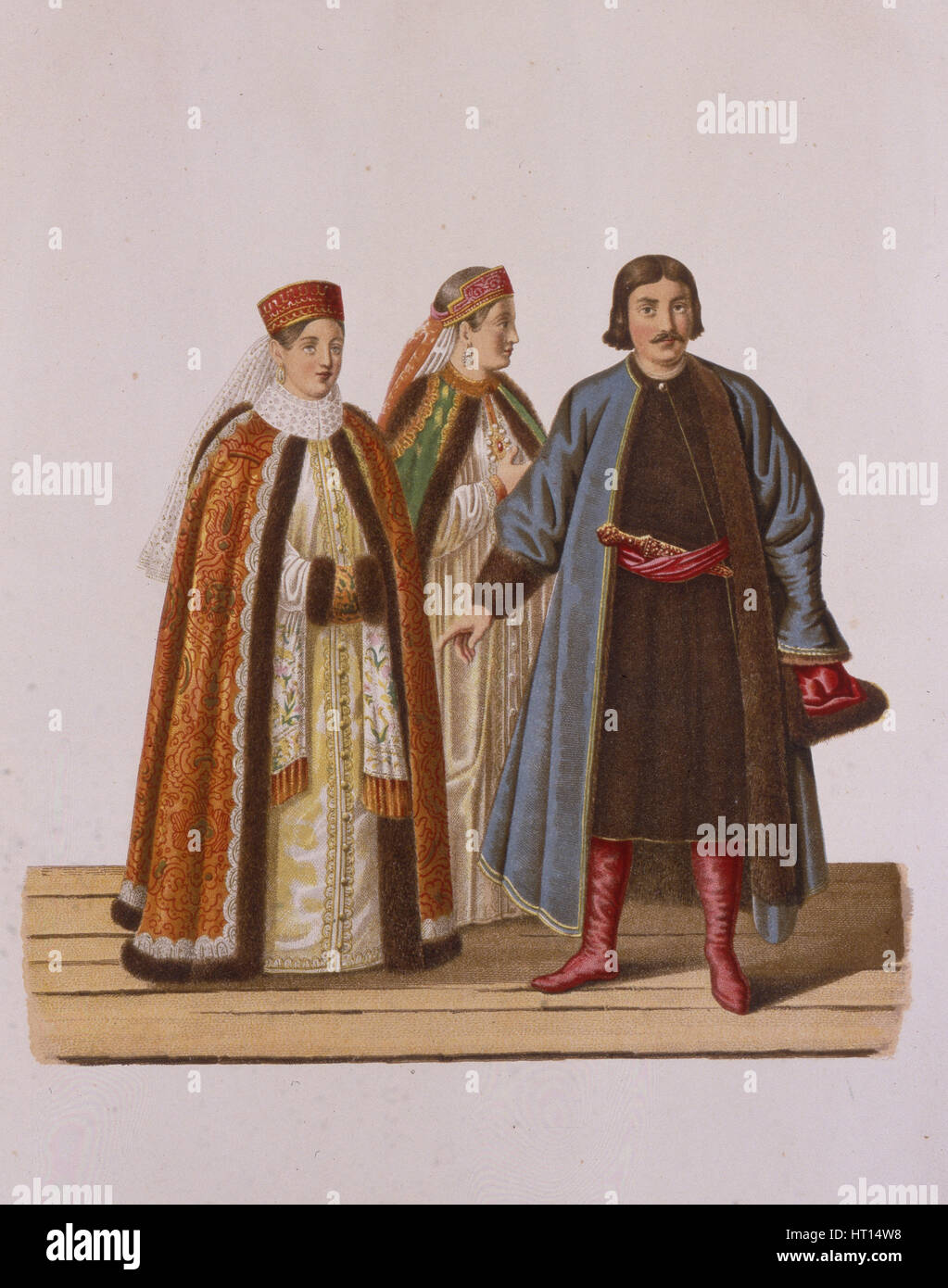 Kleidung der Töchter des unverheirateten Boyar bei der Peter I (Aus der Serie Kleidung des Künstlers: Solntsev, Fjodor Grigorjewitsch (1801-1892) Stockfoto