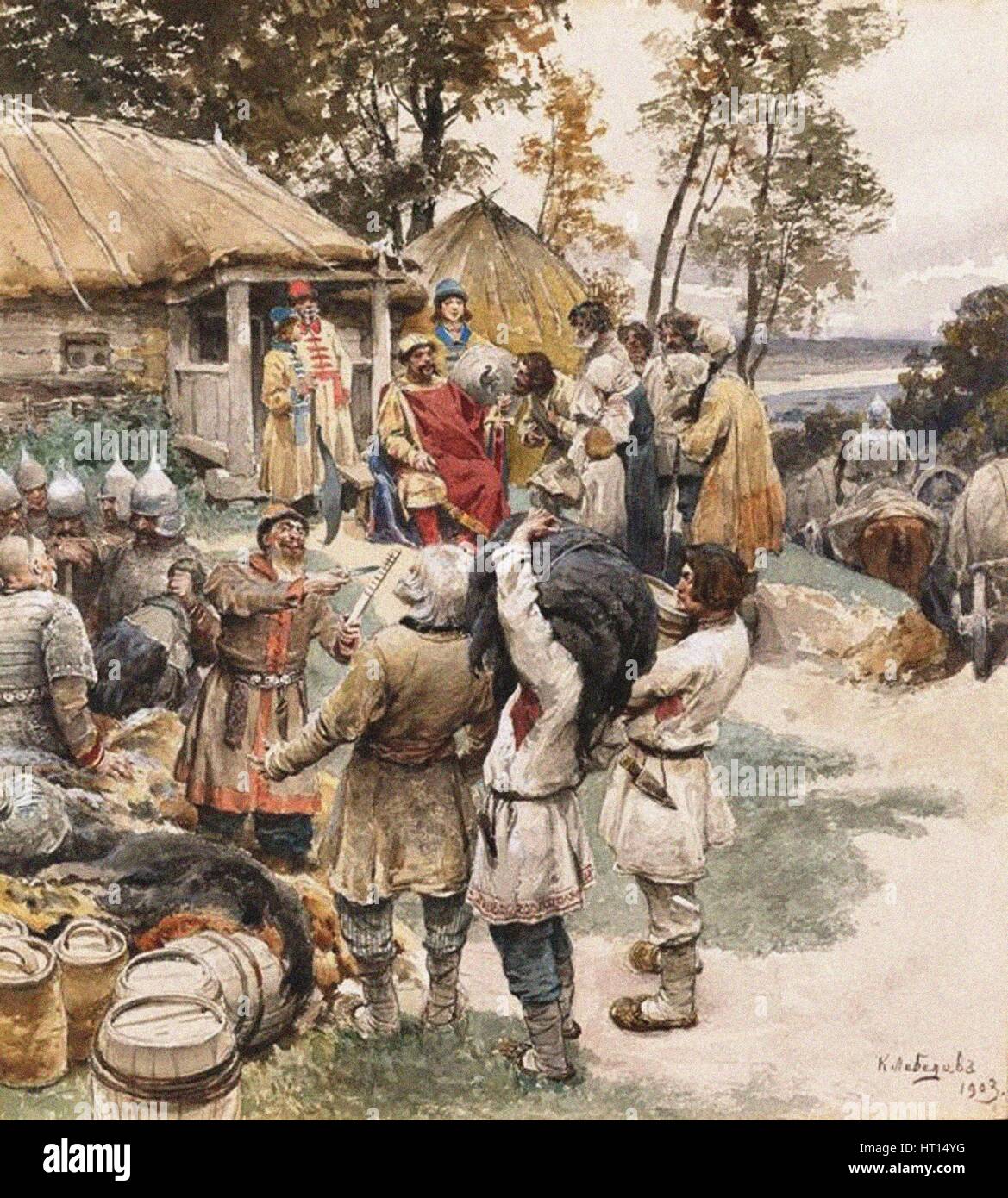 (Poliudie sammeln Tribut). Igor von Kiew hohen Tribut von der Drevlyans, 1903. Artist: Lebedev, Klavdi Wassiljewitsch (1852-1916) Stockfoto