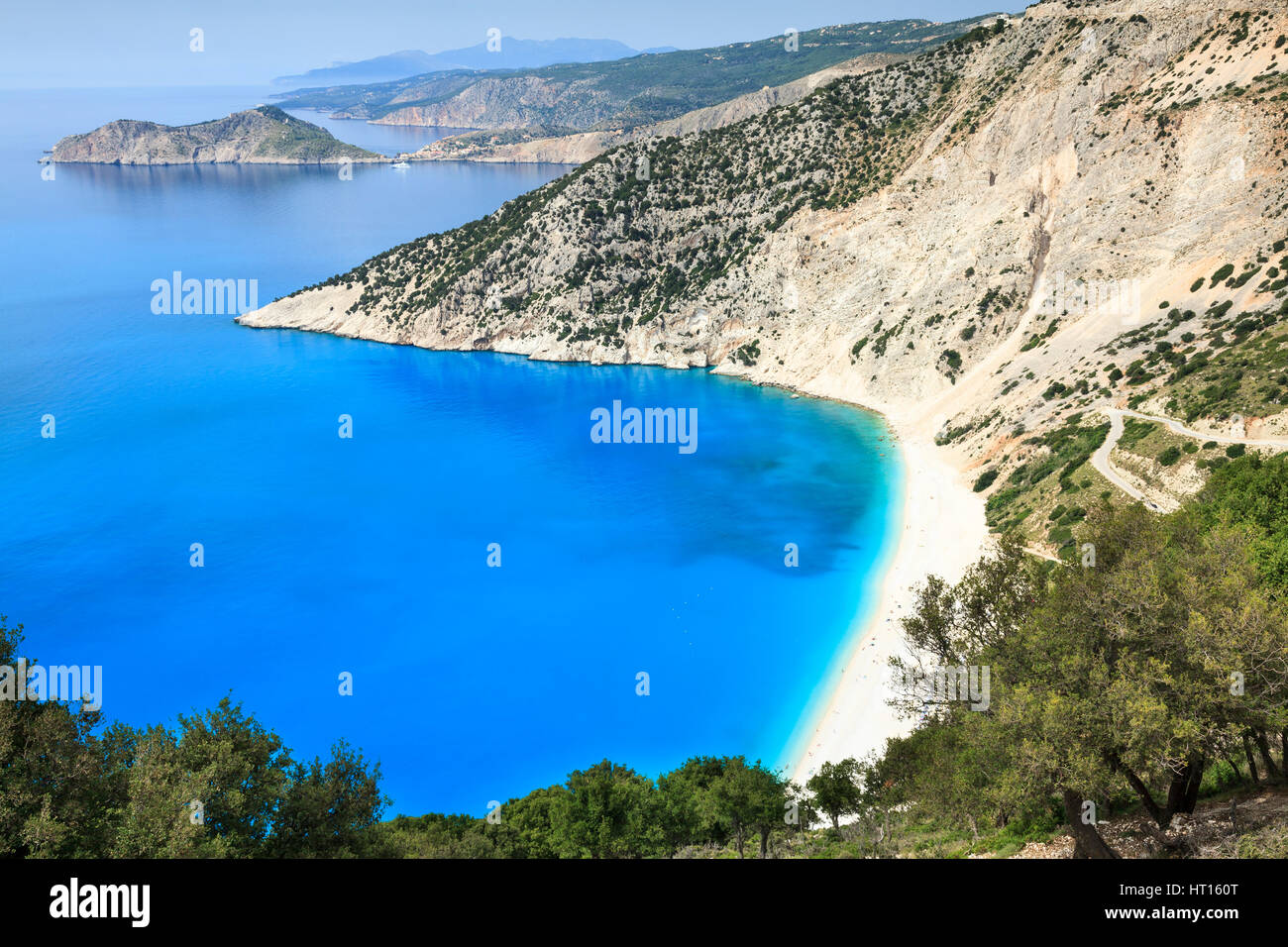 Myrtos Strand Blick nach Norden, Kefalonia, Griechenland Stockfoto