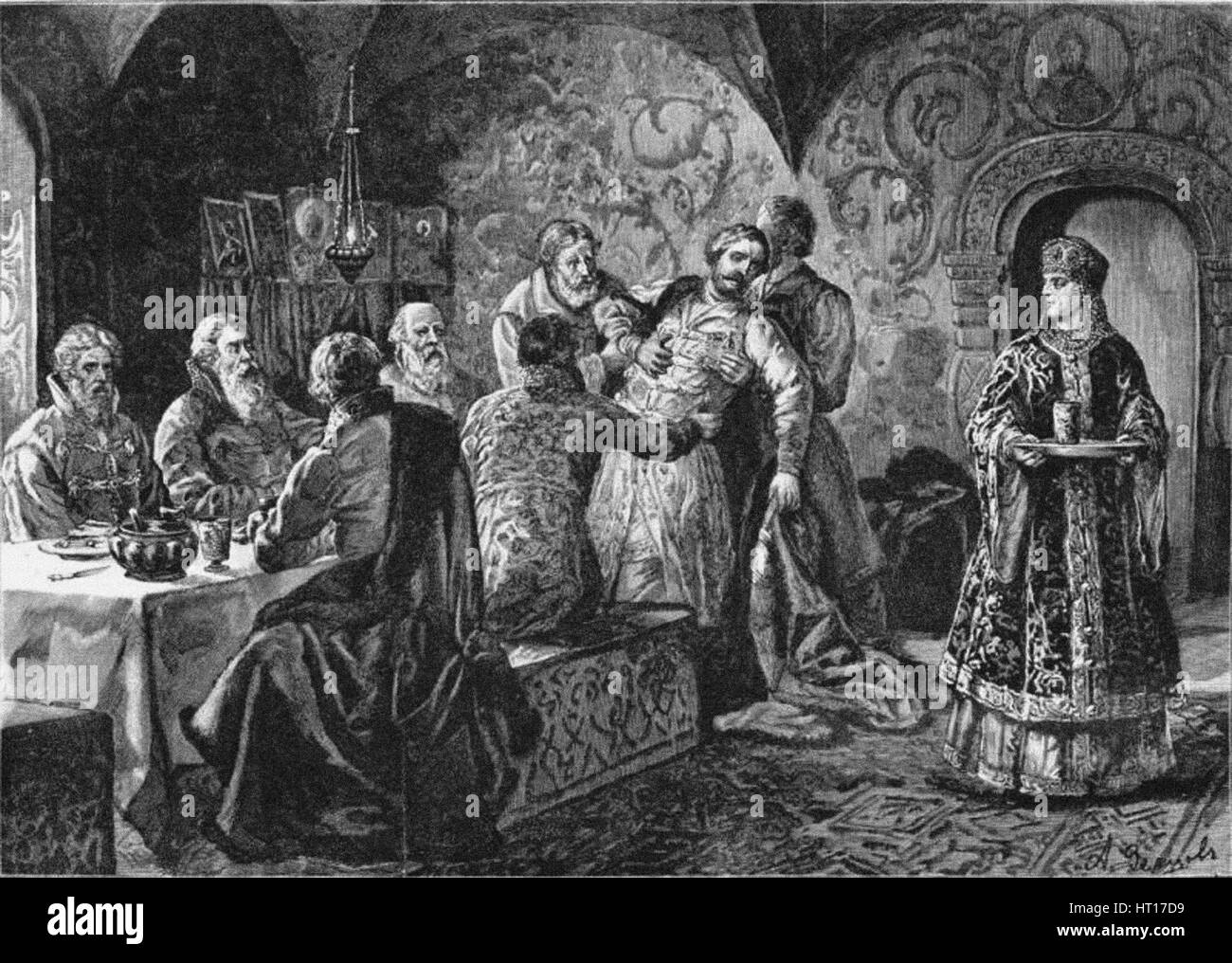 Fürst Michail Vasiliyevich Skopin-Schuiski am Fest der Grafen Vorotynsky. Künstler: Zemtsov, Alexander Jefimowitsch (1856-1896) Stockfoto