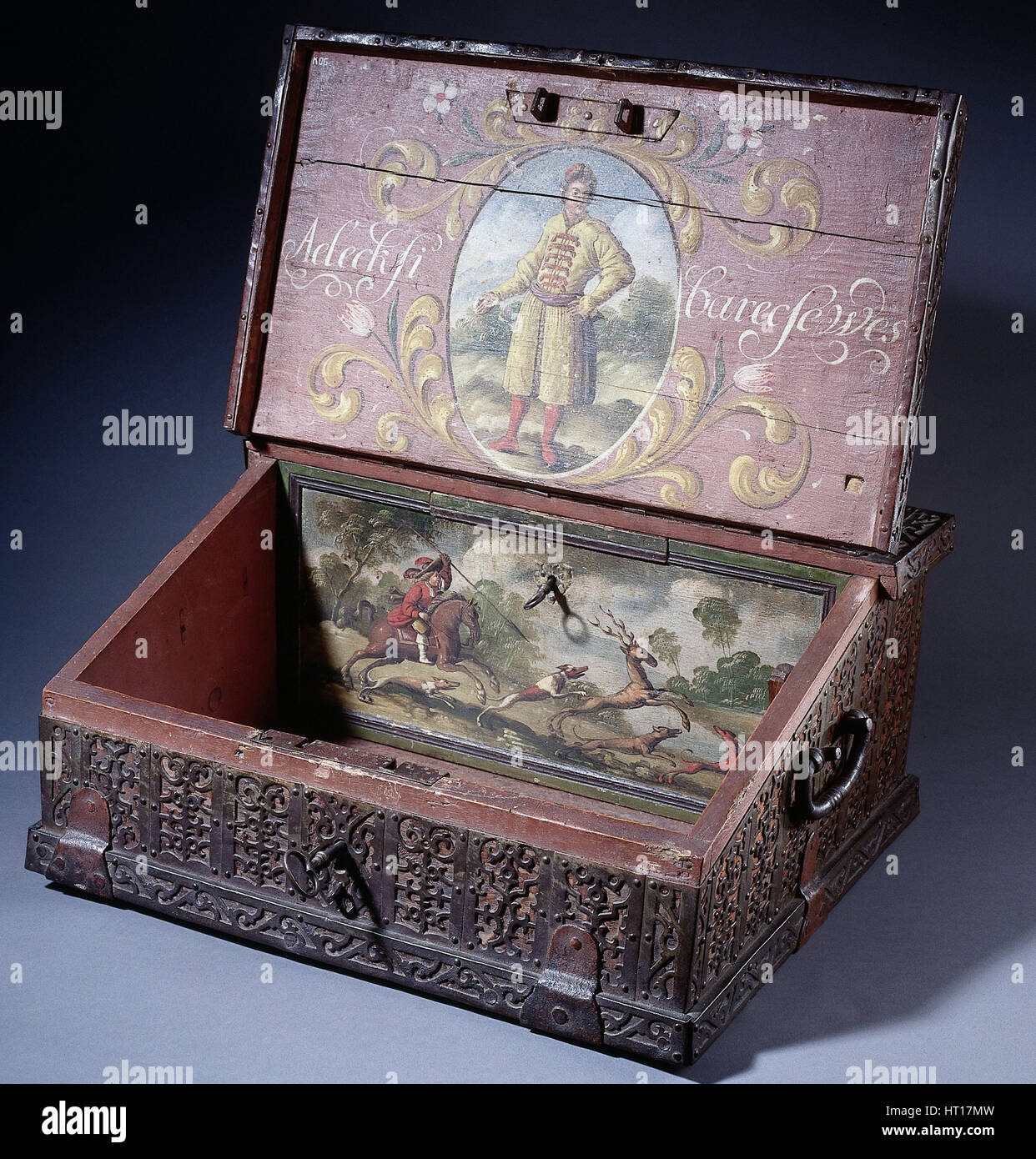 Hölzerne Bar (oder schreiben) box mit Poptrait von Peter dem großen Sohn, ca. 1695. Künstler: Anonyme Meister Stockfoto