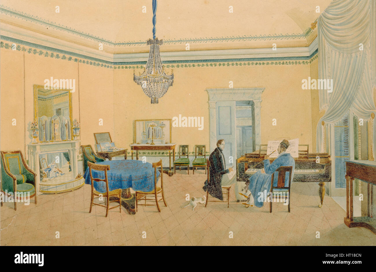 Innenraum mit Zahlen. Das Musikzimmer, 1830-1839. Künstler: anonym Stockfoto