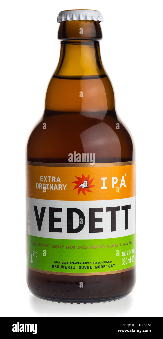 Belgische Vedett IPA Bierflasche isoliert auf weißem Hintergrund Stockfoto