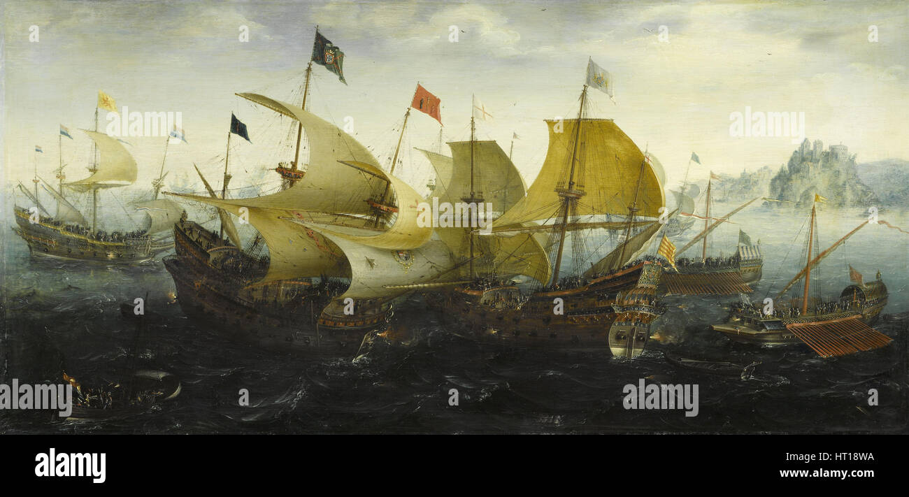 Schlacht von Cadiz (Niederländische und Englische Schiffe Angriff der Spanischen Armada), 1608. Artist: aert Anthonisz., (Aert van Antum) Ca. 1580-1620) Stockfoto