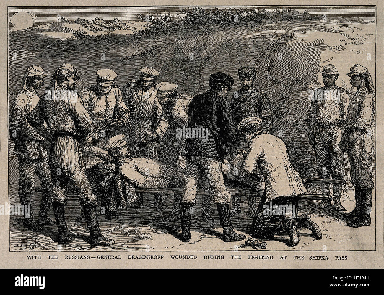 Allgemeine Michail Dragomirov verwundet in der Schlacht am Shipka Pass, ca. 1878. Künstler: anonym Stockfoto
