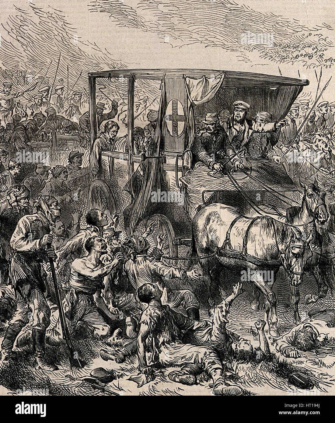 Rettung der verwundete russische Soldaten vom Schlachtfeld, ca 1878. Künstler: anonym Stockfoto