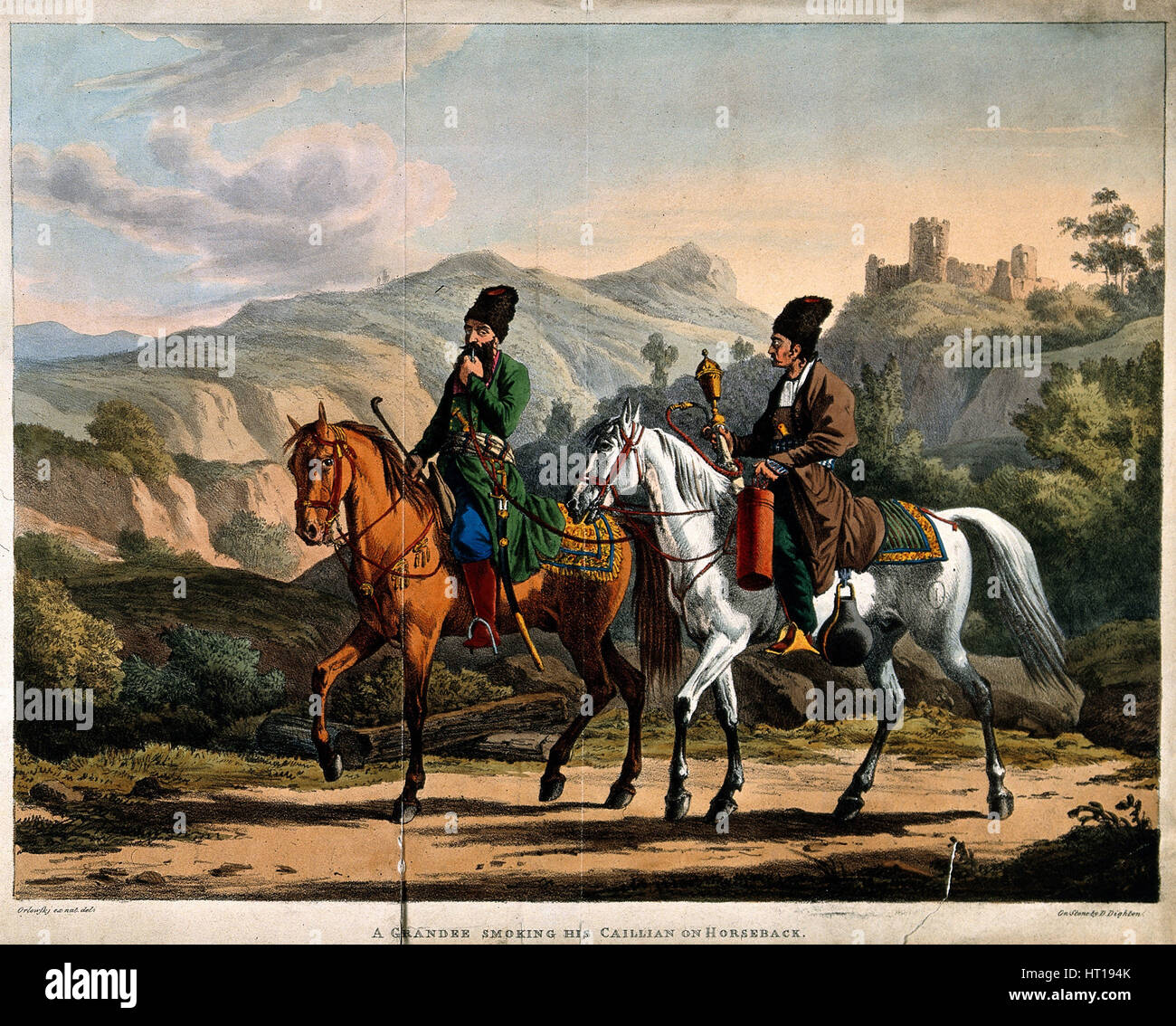 Persische Rauchen einer Wasserpfeife zu Pferd, ca. 1820. Künstler: Orlowski (Orlovsky), Alexander Osipowitsch (1777-1832) Stockfoto