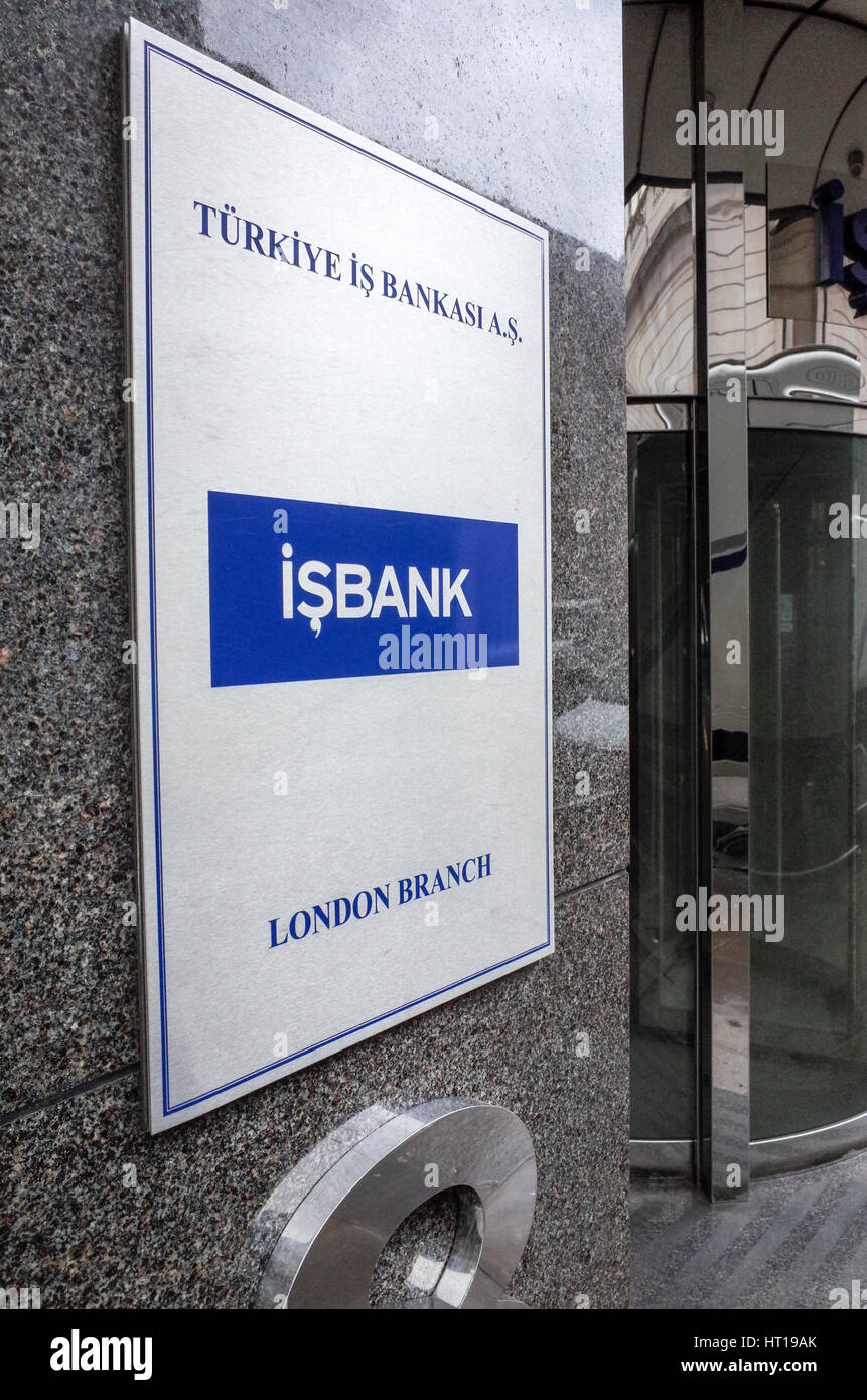 Melden Sie sich am Eingang der türkische Isbank in London Stockfoto